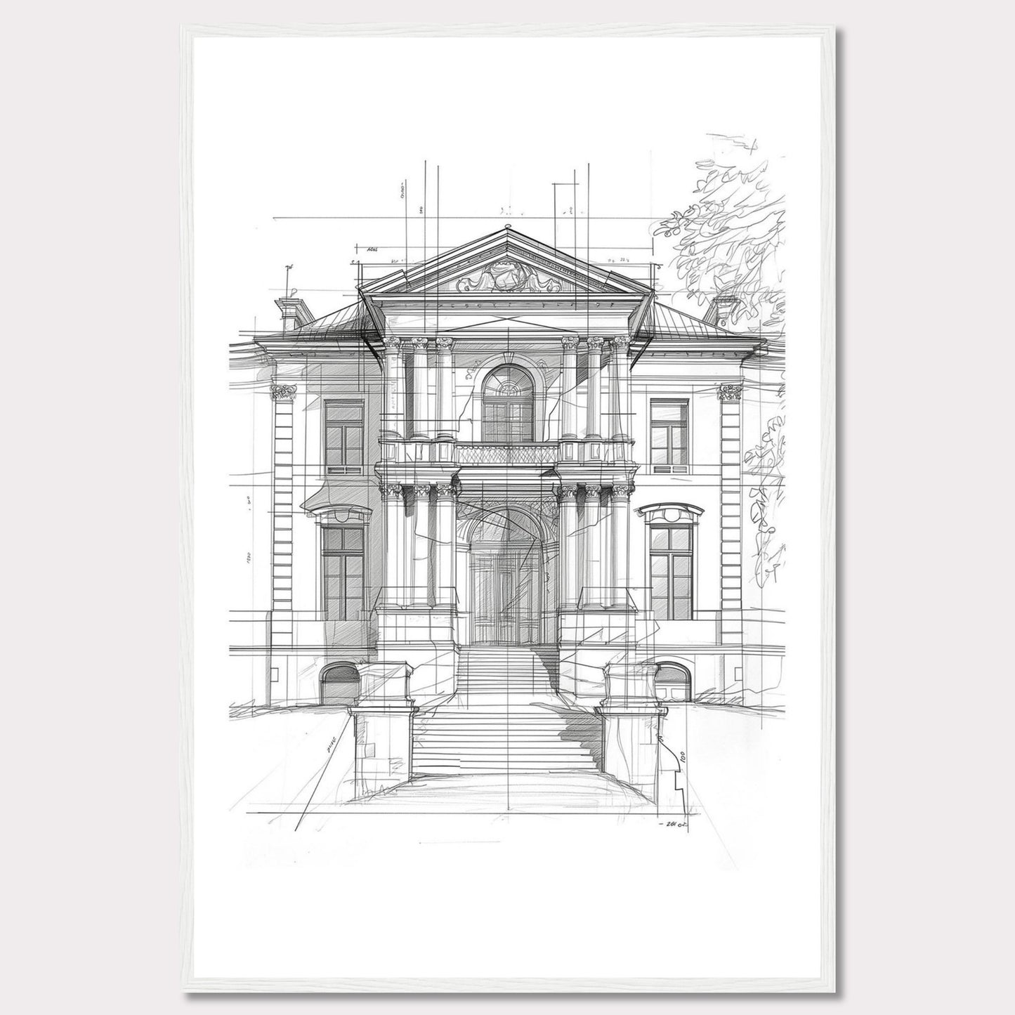 This image showcases an architectural sketch of a grand, classical building. The detailed drawing highlights the intricate design and majestic structure of the edifice.