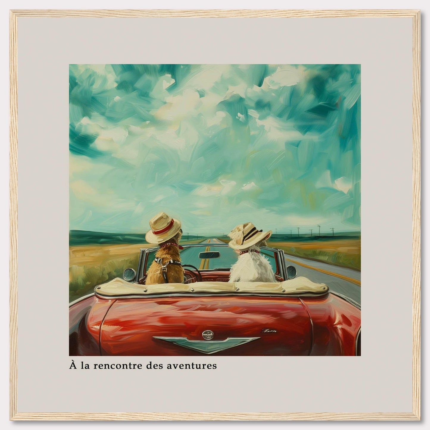 This charming artwork depicts two dogs wearing hats, riding in a red convertible on an open road under a vibrant sky. The scene evokes a sense of adventure and freedom.