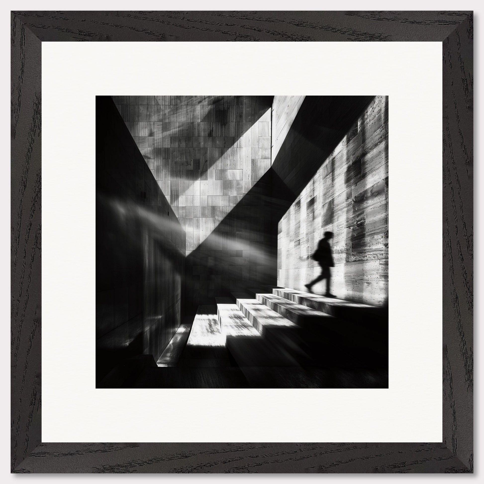 This striking black and white photograph captures a solitary figure ascending a staircase bathed in dramatic light and shadows. The geometric patterns and stark contrasts create a sense of mystery and introspection.