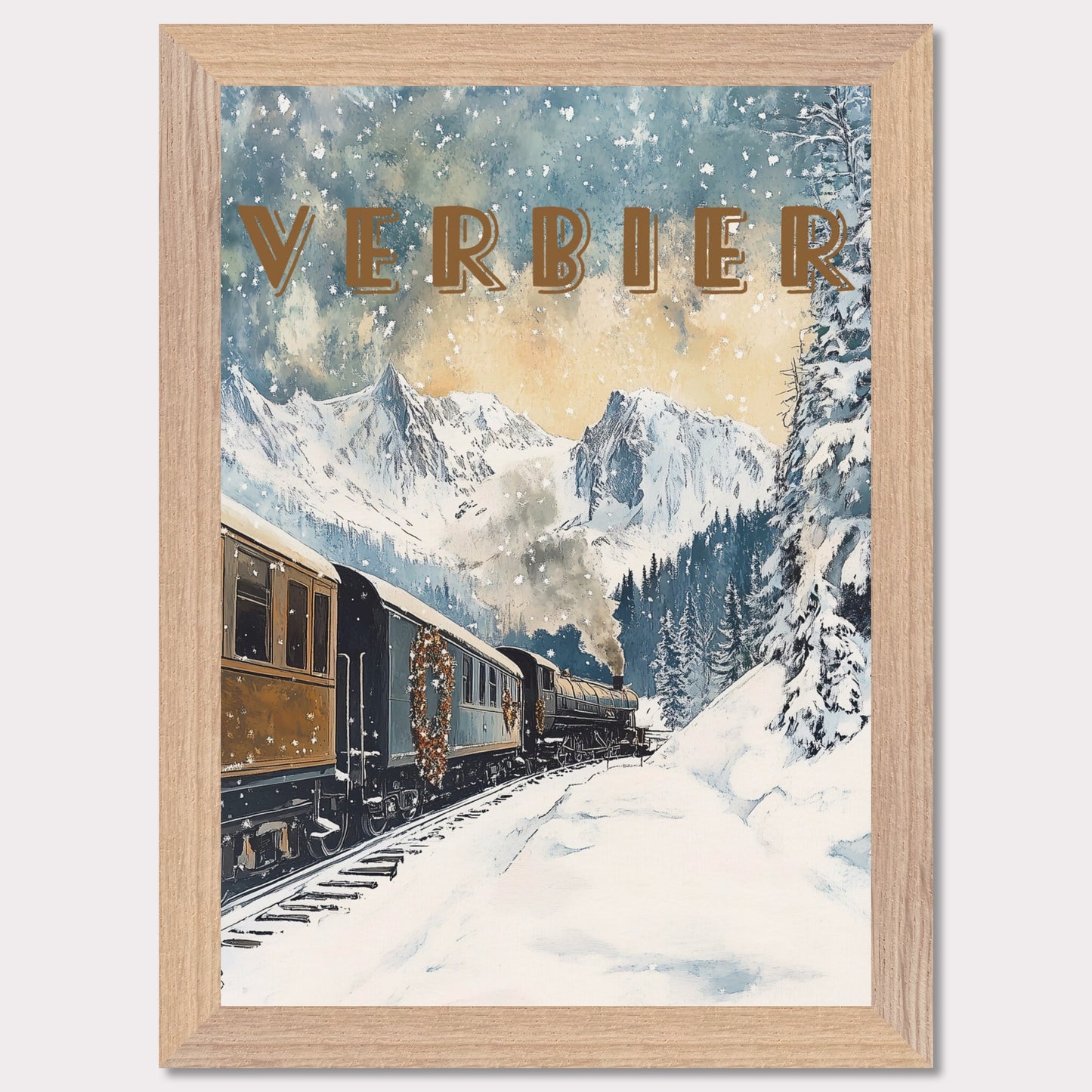 This enchanting winter poster showcases a vintage steam train winding through the snow-covered landscapes of Verbier. The train, adorned with festive wreaths, travels against a backdrop of majestic alpine peaks, tall evergreen trees, and a serene winter sky with softly falling snowflakes. The golden light filtering through the clouds adds a warm, nostalgic glow to the scene, evoking the magic of winter travel.