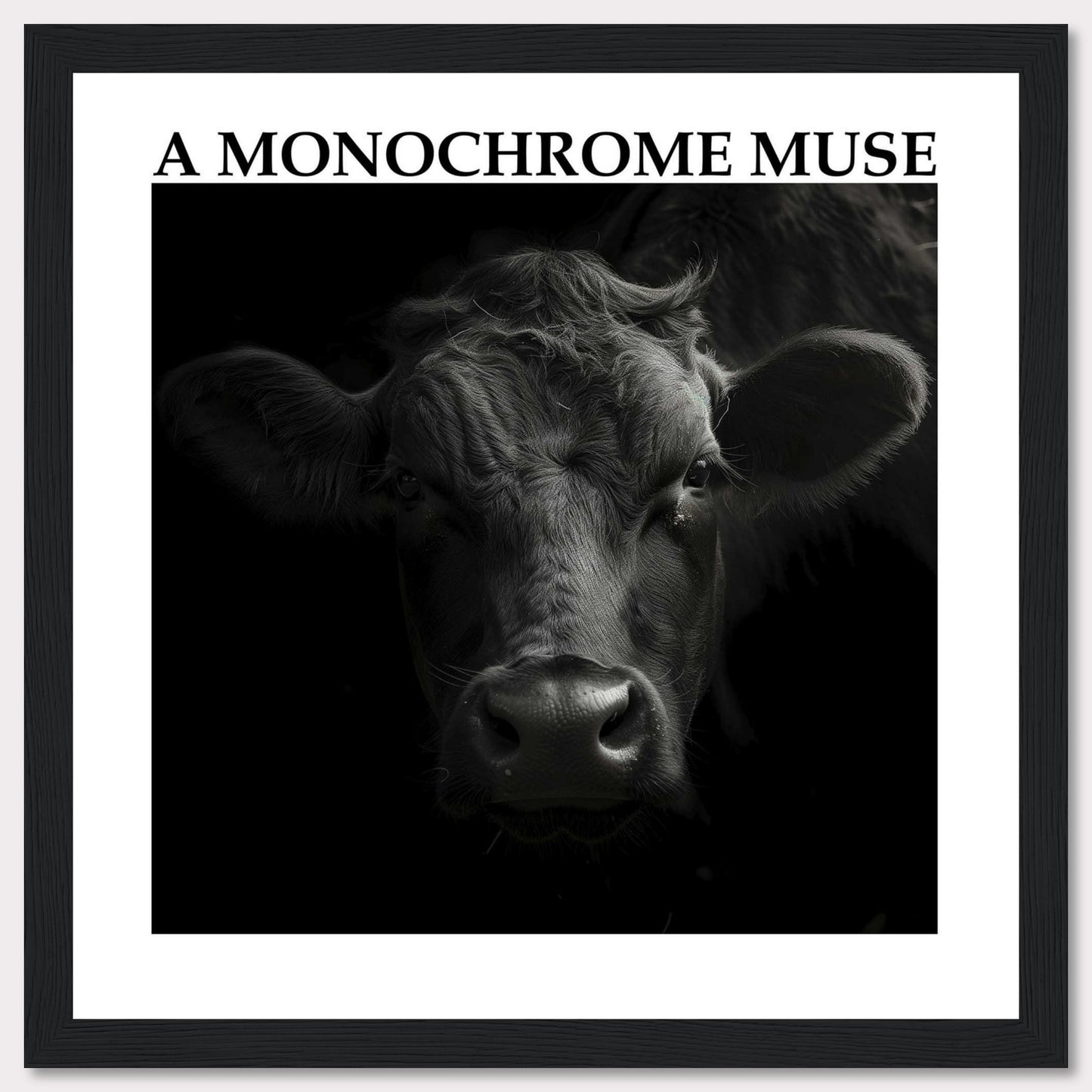 This striking black and white photograph captures the intense gaze of a cow, bringing out its raw beauty and strength. The monochrome effect adds depth and drama to the image, making it a captivating piece of art.