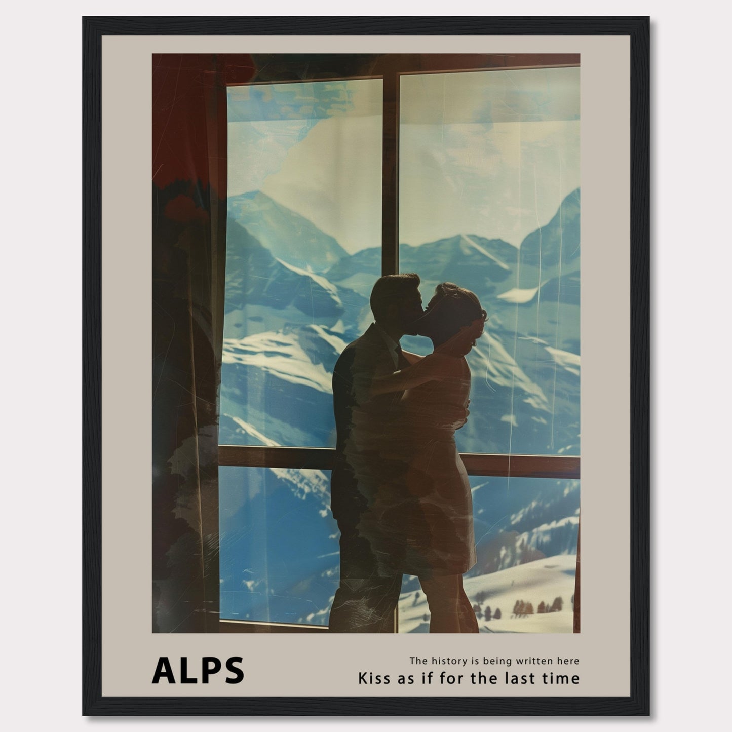 A romantic poster featuring a couple sharing a kiss with the breathtaking backdrop of the Alps visible through a large window. The serene snowy mountains and clear blue sky add to the emotional ambiance.