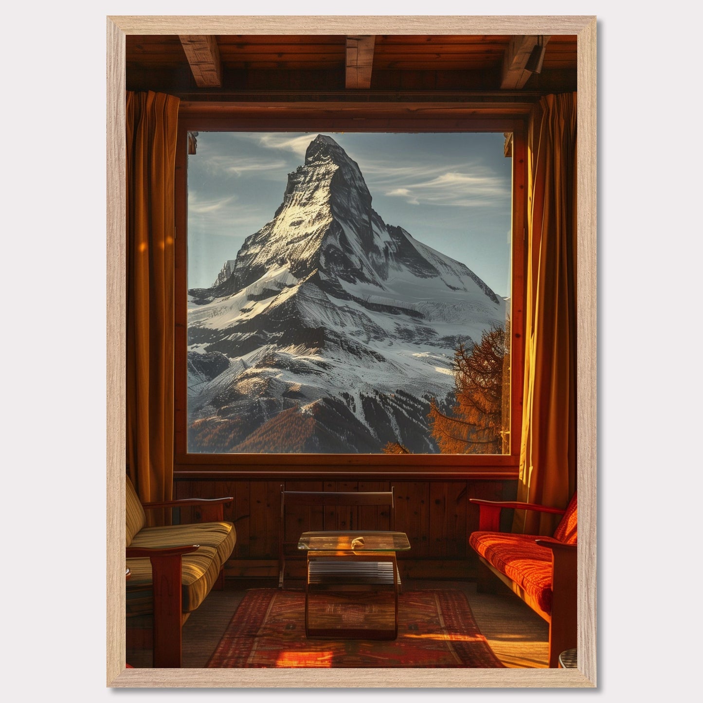 This stunning image captures a breathtaking view of a snow-capped mountain through a large window from a cozy wooden cabin. The warm interior contrasts beautifully with the majestic, cold mountain outside.