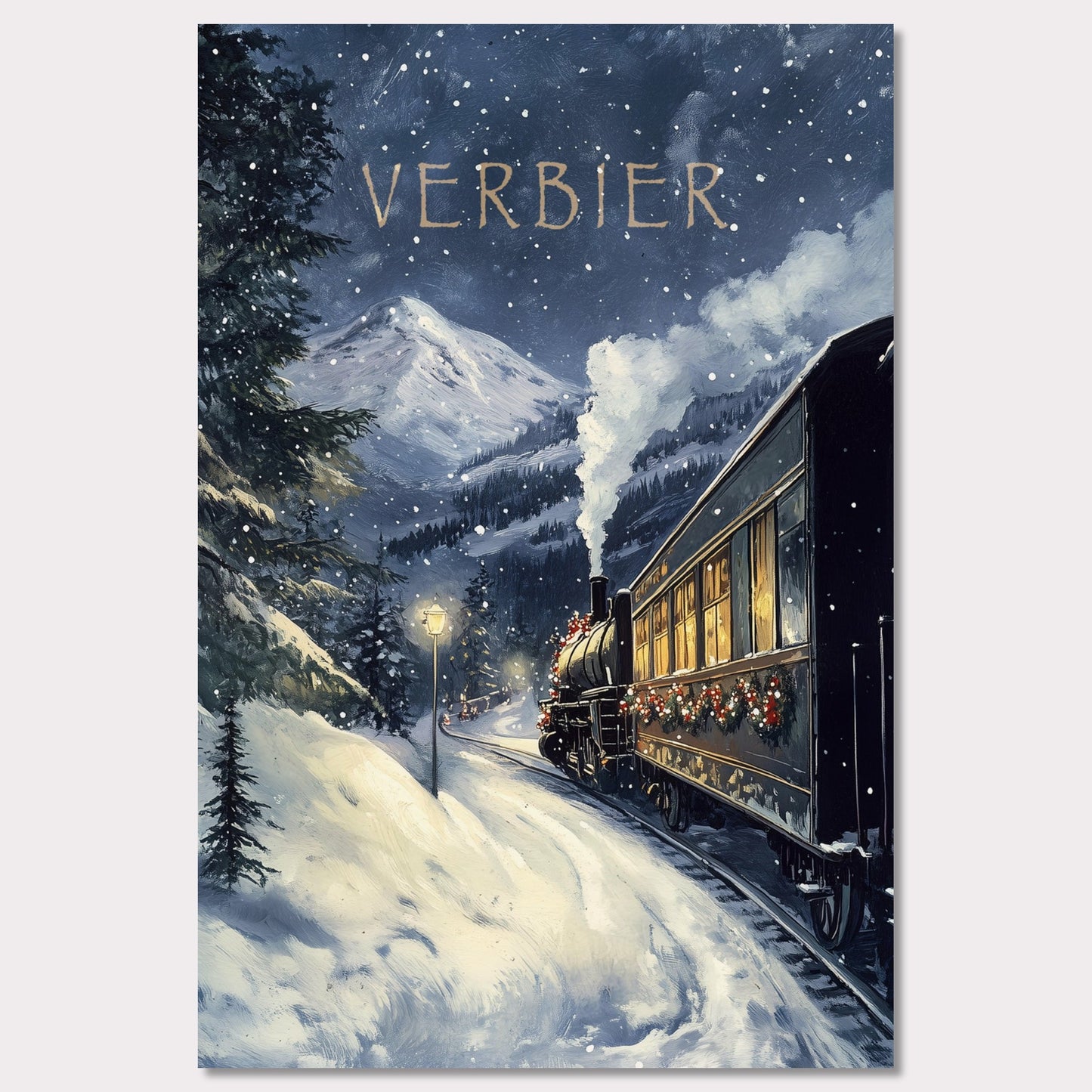 This charming, vintage-inspired poster transports you to a winter wonderland in Verbier, as a steam train adorned with festive decorations winds its way through a snowy mountain landscape. The warm glow from the train’s windows contrasts beautifully with the cool, snowy surroundings, creating a nostalgic and inviting atmosphere. The gentle snowfall and the towering mountain peaks in the background complete the serene yet adventurous feel of this picturesque winter journey.