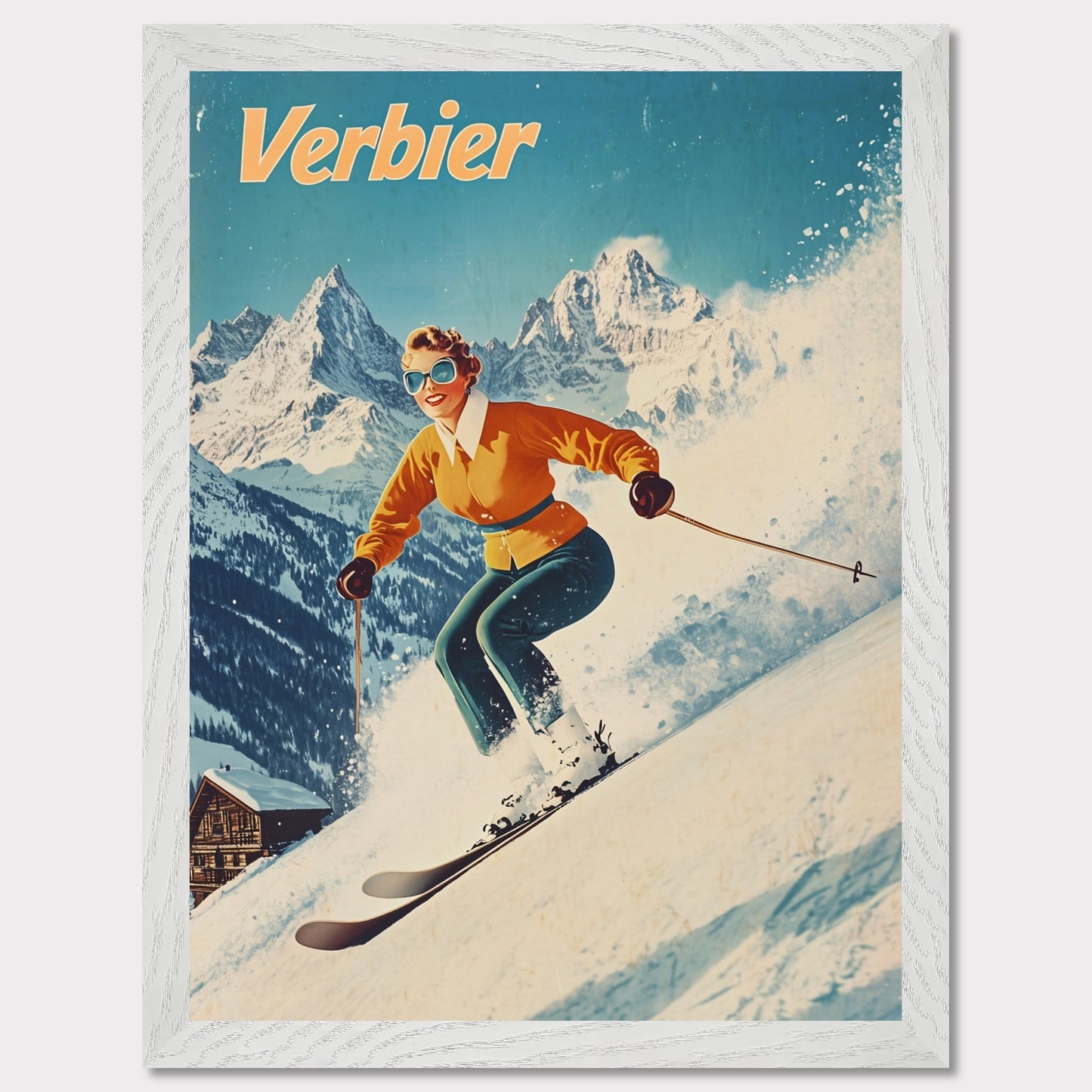 This vibrant retro poster captures the thrilling energy of skiing in Verbier, featuring a skier in a bright orange jacket racing down the slopes. The bright, clear sky contrasts beautifully with the snow-covered terrain and rugged mountain backdrop. The skier’s joyful expression, paired with the iconic Verbier mountains, evokes the excitement and adventure of alpine skiing. The vintage art style adds a timeless touch, bringing out the spirit of winter sports.