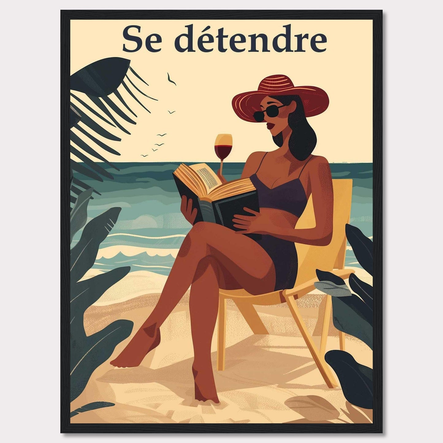 This illustration captures a serene beach scene with a woman relaxing on a chair, reading a book, and enjoying a glass of wine. The text "Se détendre" at the top translates to "Relax" in English.