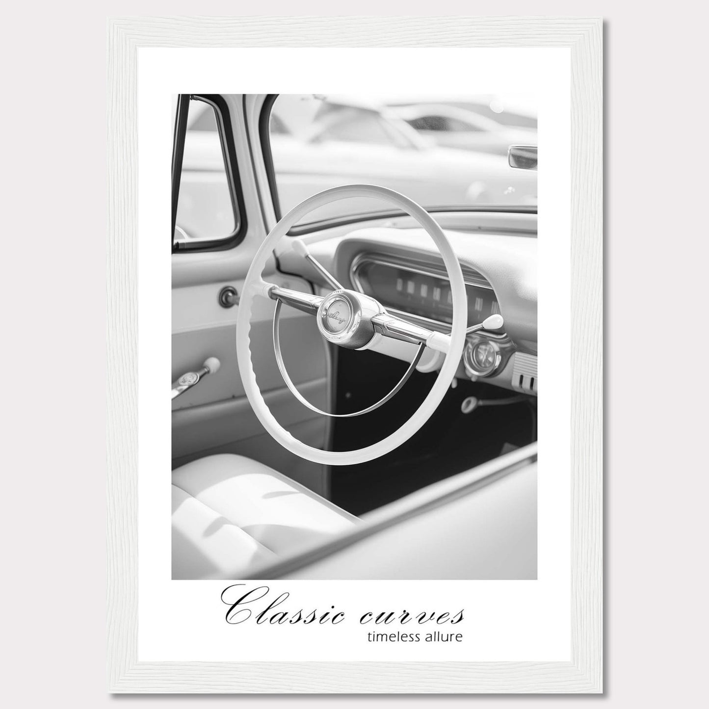 This image features a black and white photograph of a vintage car interior, focusing on the classic steering wheel. The photo exudes a sense of nostalgia and elegance.