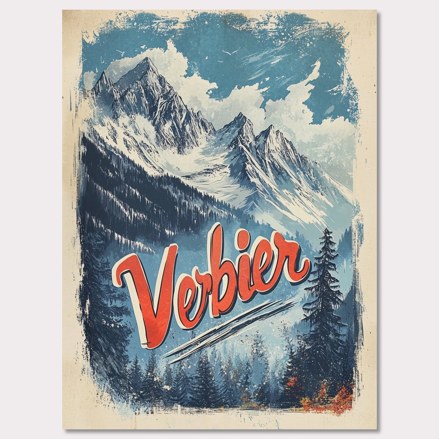 This striking vintage poster captures the breathtaking beauty of Verbier’s mountain peaks. With a bold orange and blue color palette, the image of towering snowy peaks framed by evergreen trees invites adventure and awe. The vintage typography emphasizes Verbier’s allure as a destination for both exploration and relaxation, making this an ideal representation of the Swiss Alps' majestic landscapes.