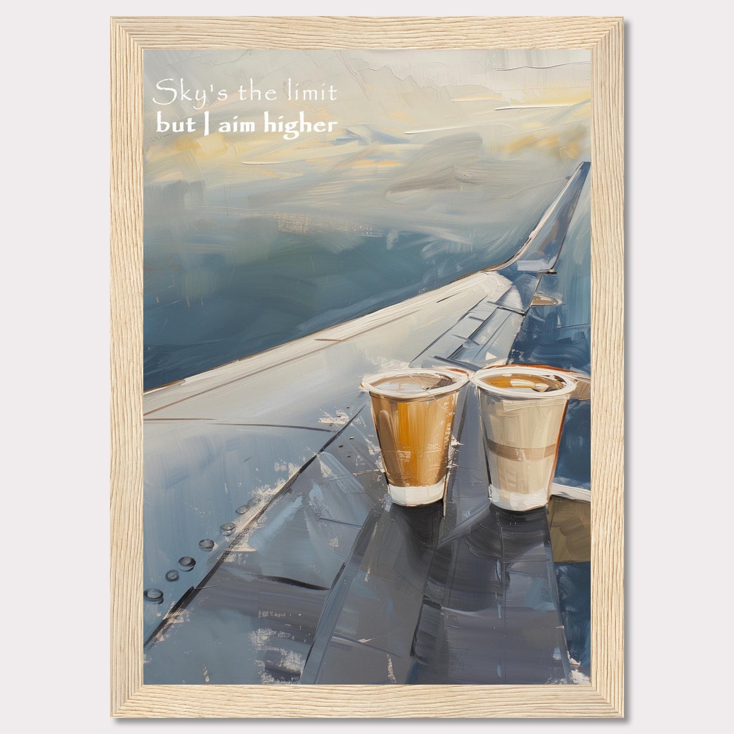 This image features a painted depiction of an airplane wing with two cups of coffee placed on it. The sky is depicted in soft, calming hues, suggesting a serene atmosphere. The text "Sky's the limit but I aim higher" is written in the upper left corner, adding an inspirational element to the artwork.