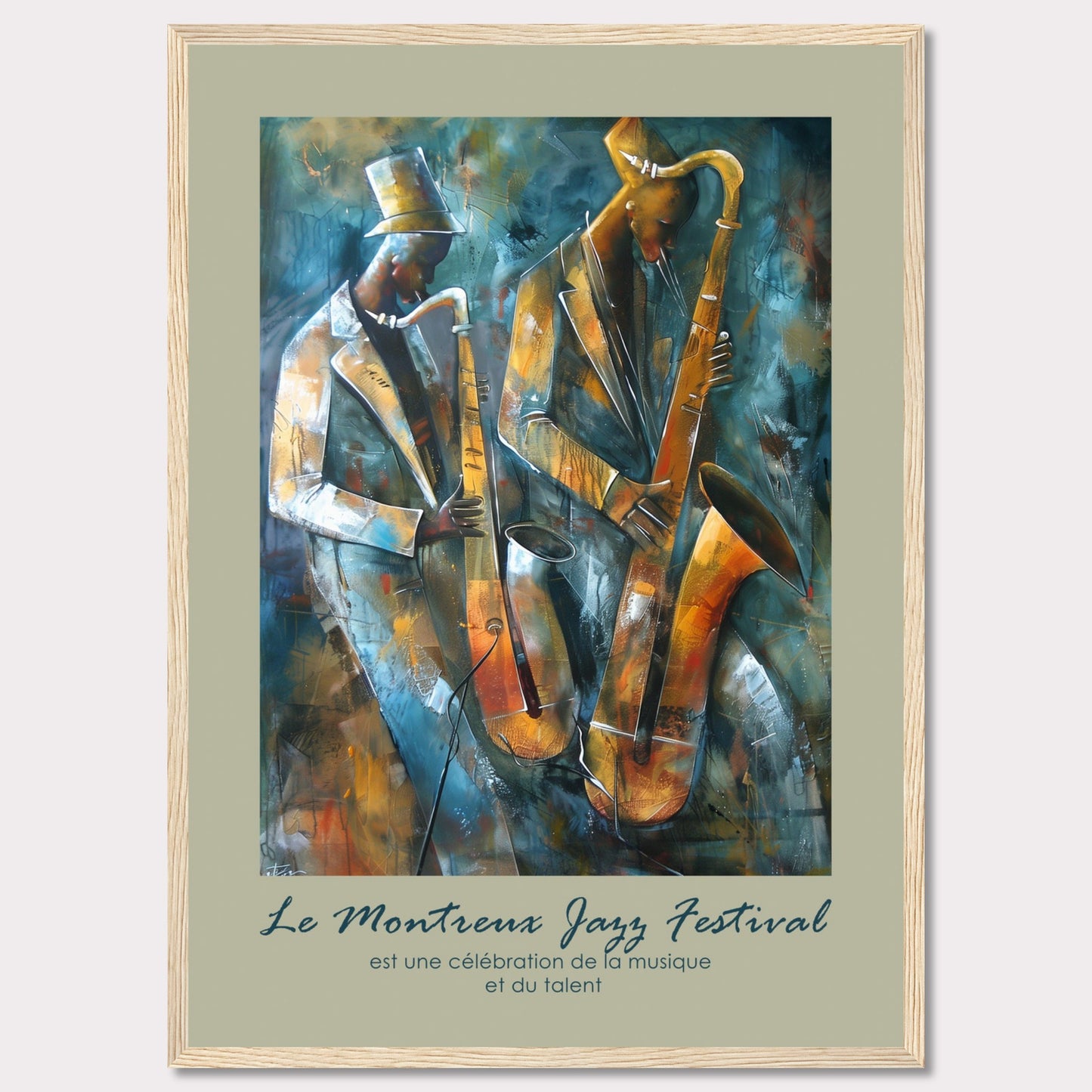 This vibrant artwork captures the essence of jazz with two musicians passionately playing their saxophones. The rich, abstract background adds depth and movement to the scene, emphasizing the dynamic nature of the music. The text at the bottom reads, "Le Montreux Jazz Festival est une célébration de la musique et du talent," highlighting the festival's celebration of music and talent.