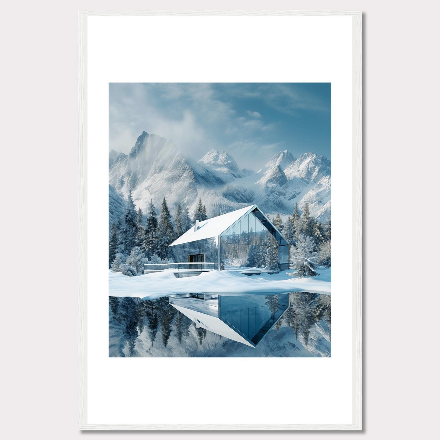 This stunning image showcases a modern glass house nestled in a serene snowy landscape, with majestic mountains in the background. The reflection of the house and trees on the calm water adds to the tranquil ambiance.