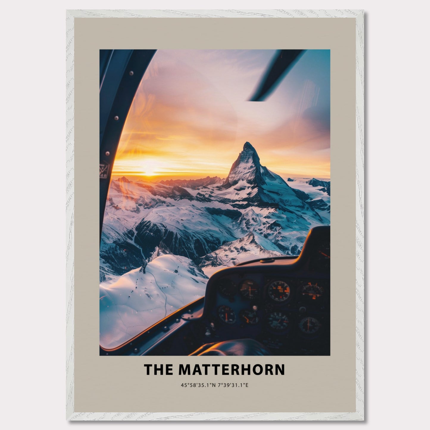 This stunning photograph captures the majestic Matterhorn at sunset, viewed from the cockpit of an aircraft. The snow-covered peaks and the golden hues of the sky create a breathtaking scene.