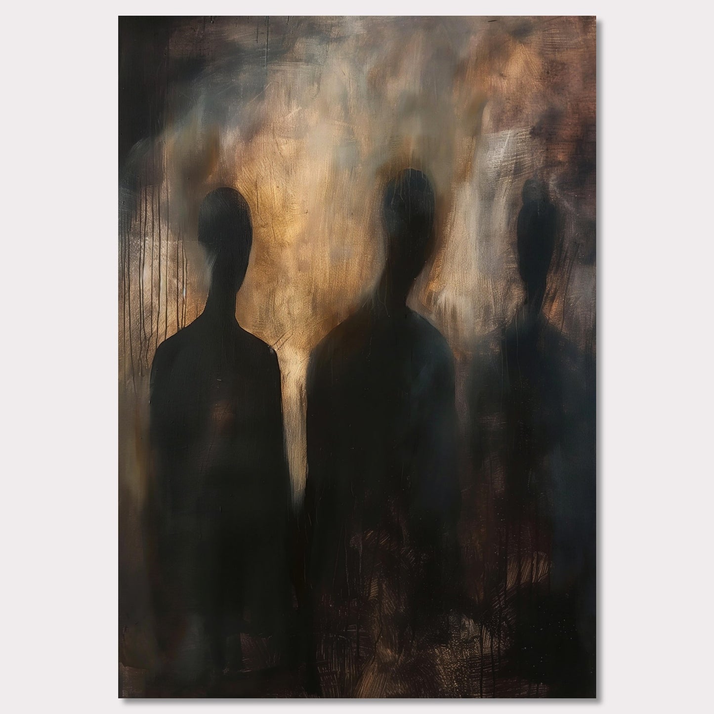 This evocative painting features three shadowy figures set against a smoky, abstract background. The use of dark and muted tones creates a mysterious and haunting atmosphere, inviting viewers to contemplate the unknown. The blending of colors and indistinct forms evoke emotions of intrigue and curiosity.