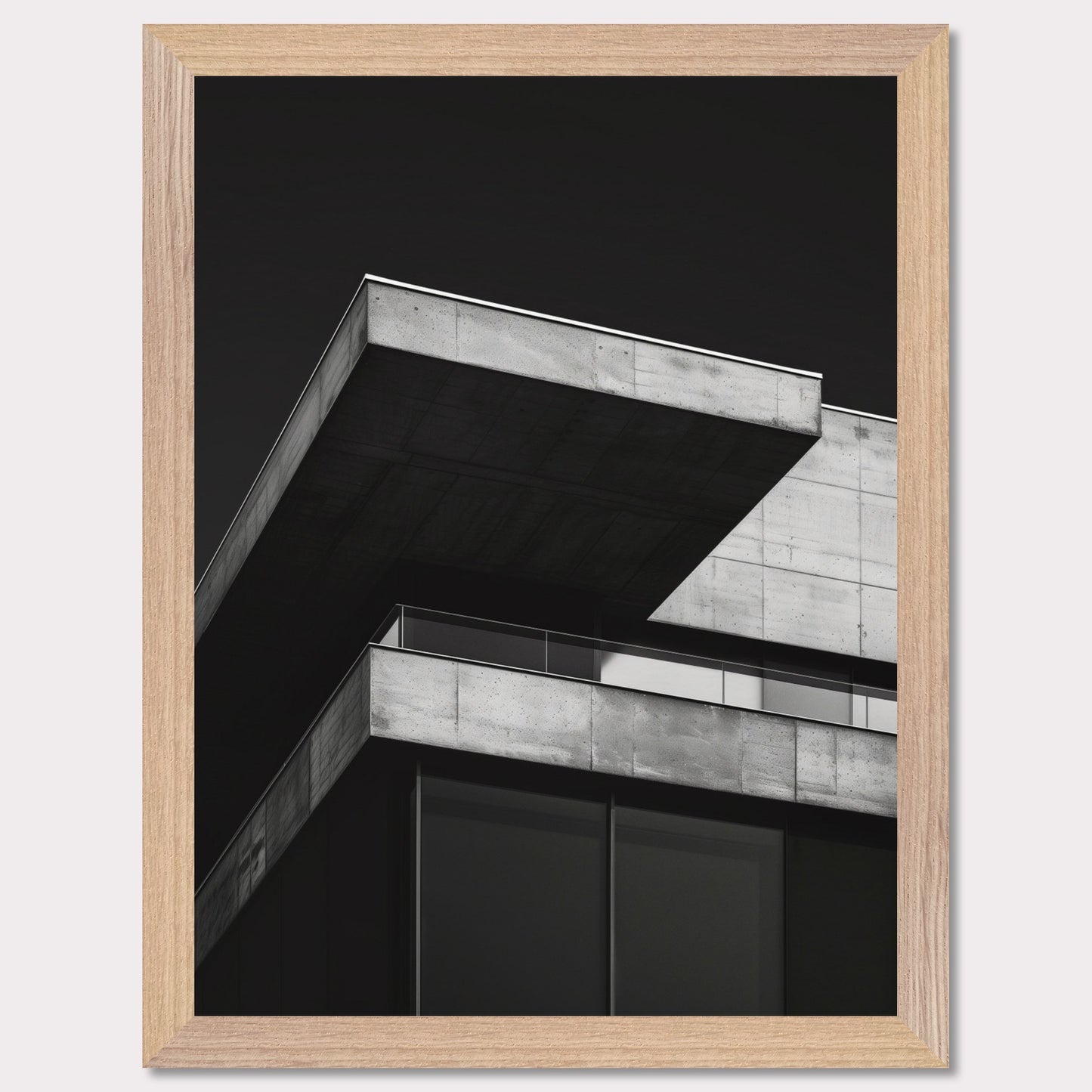 This striking black and white photograph captures the modern architectural lines of a concrete building against a dark background. The image highlights the stark contrast and geometric precision of contemporary design.