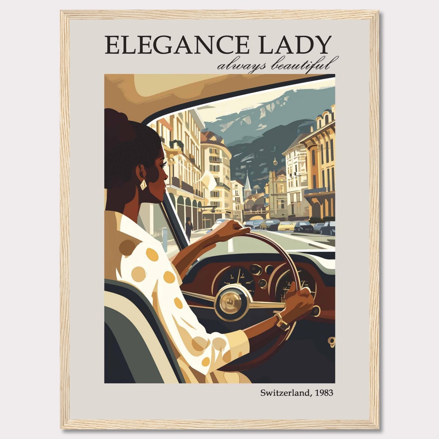 This image depicts a stylish woman driving through a picturesque European city, exuding elegance and confidence.