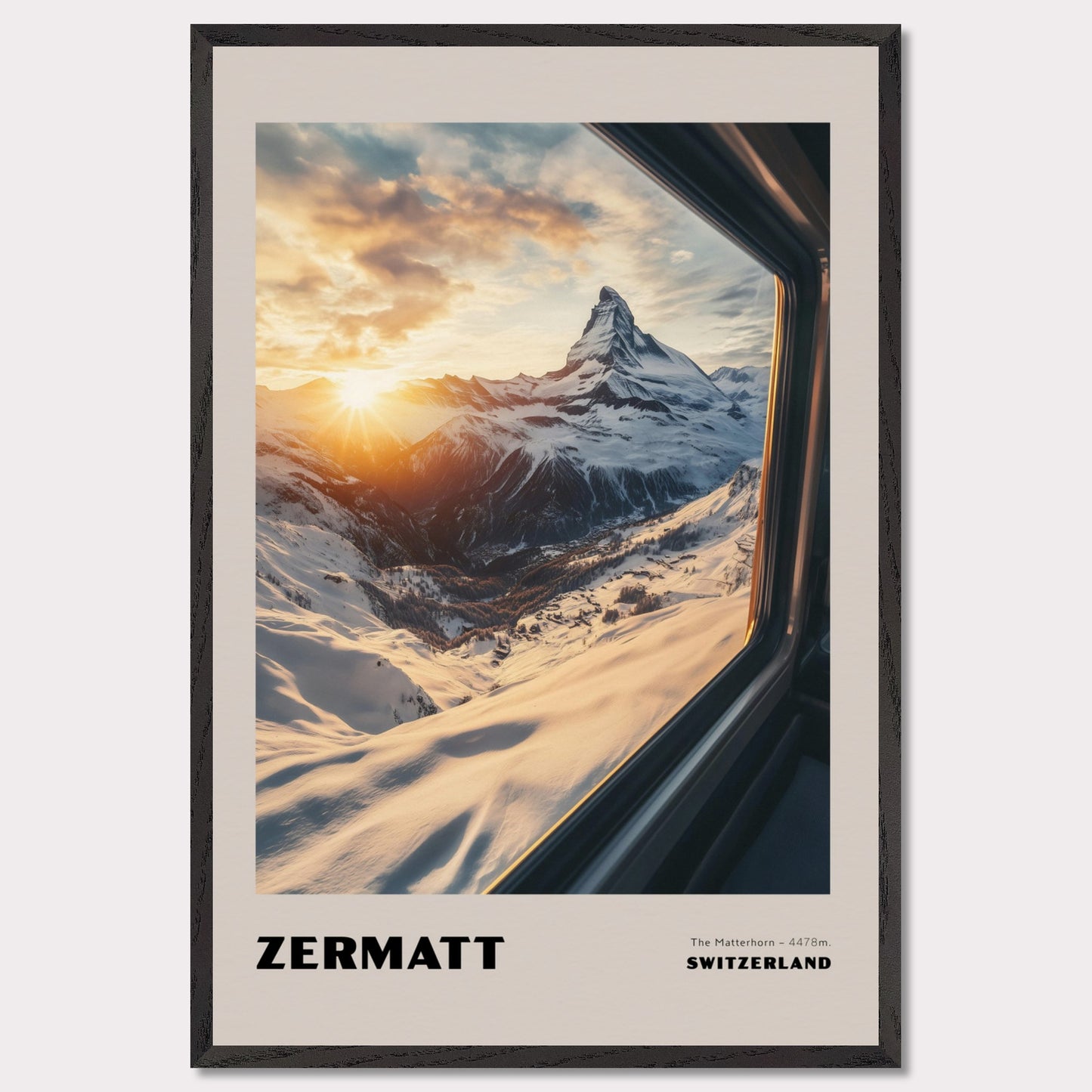 A stunning view of the Matterhorn bathed in golden sunset hues. Towering at 4478 meters, this legendary mountain has always drawn adventurers and travelers. The warm colors of the sunset create an extraordinary atmosphere, while the snow-covered slopes emphasize the purity and majesty of nature.