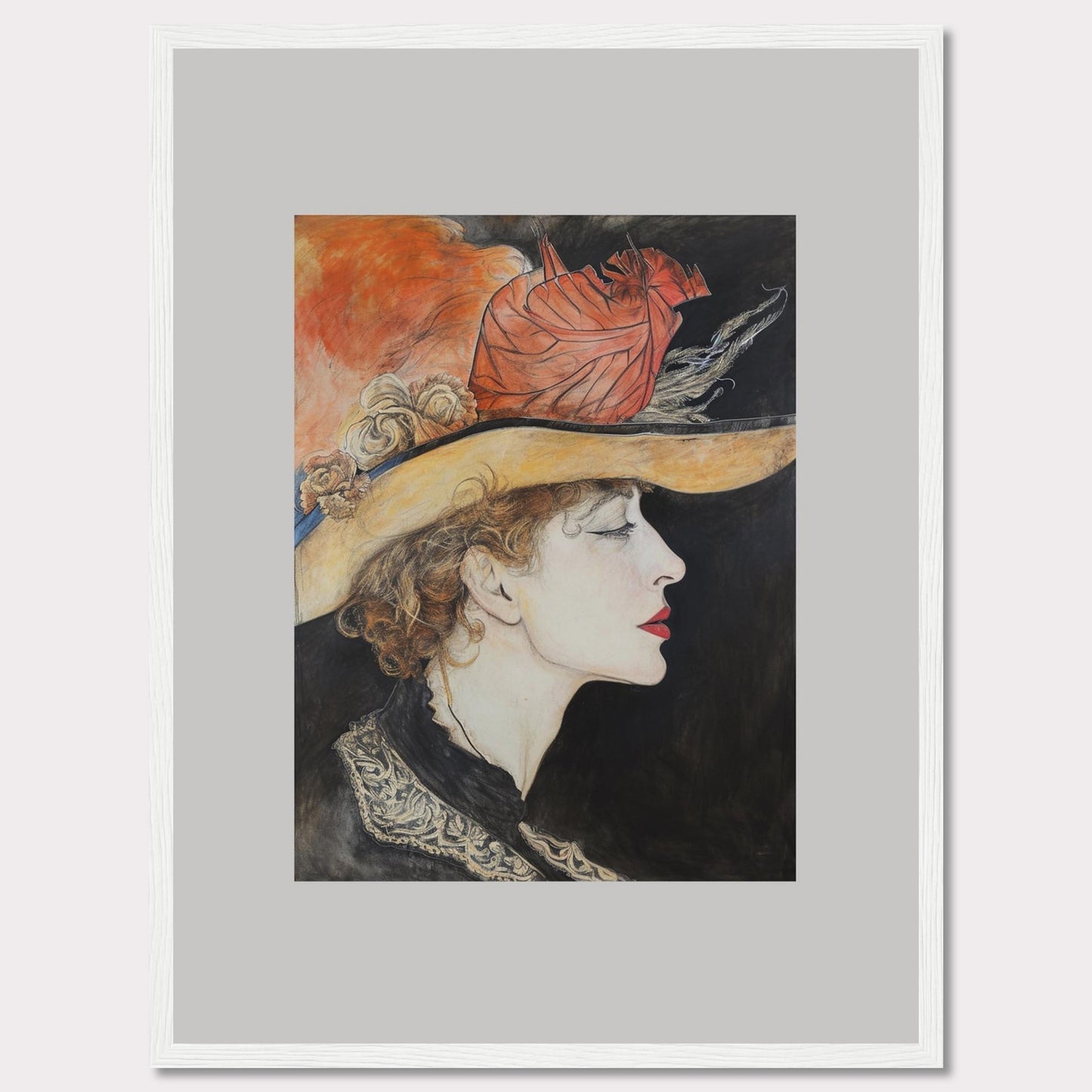 This captivating artwork features a side profile of a woman wearing an elegant hat adorned with feathers and flowers. The detailed illustration showcases her serene expression, accentuated by bold red lips and delicate curls framing her face. The background contrasts beautifully with the vibrant colors of the hat, adding depth to the portrait.