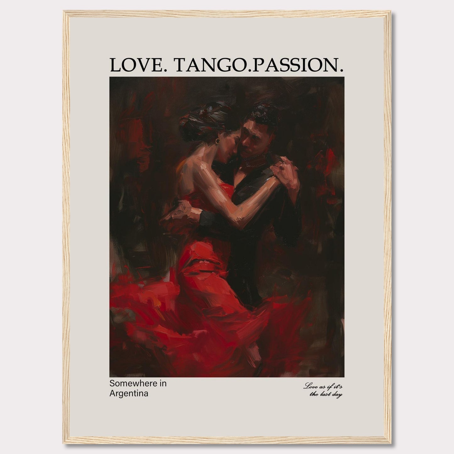 This captivating poster showcases a passionate tango dance between a couple, enveloped in deep red and black hues.