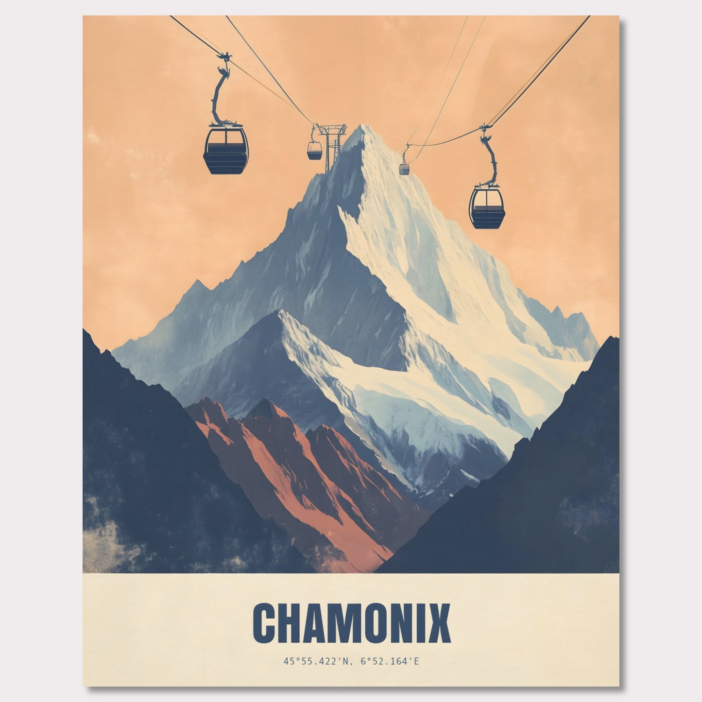 This striking poster showcases the dramatic ascent to Chamonix’s peaks, with cable cars stretching across the sky towards the snow-covered mountains. The bold contrasts between deep shadows and glowing light create an atmosphere of adventure and grandeur.