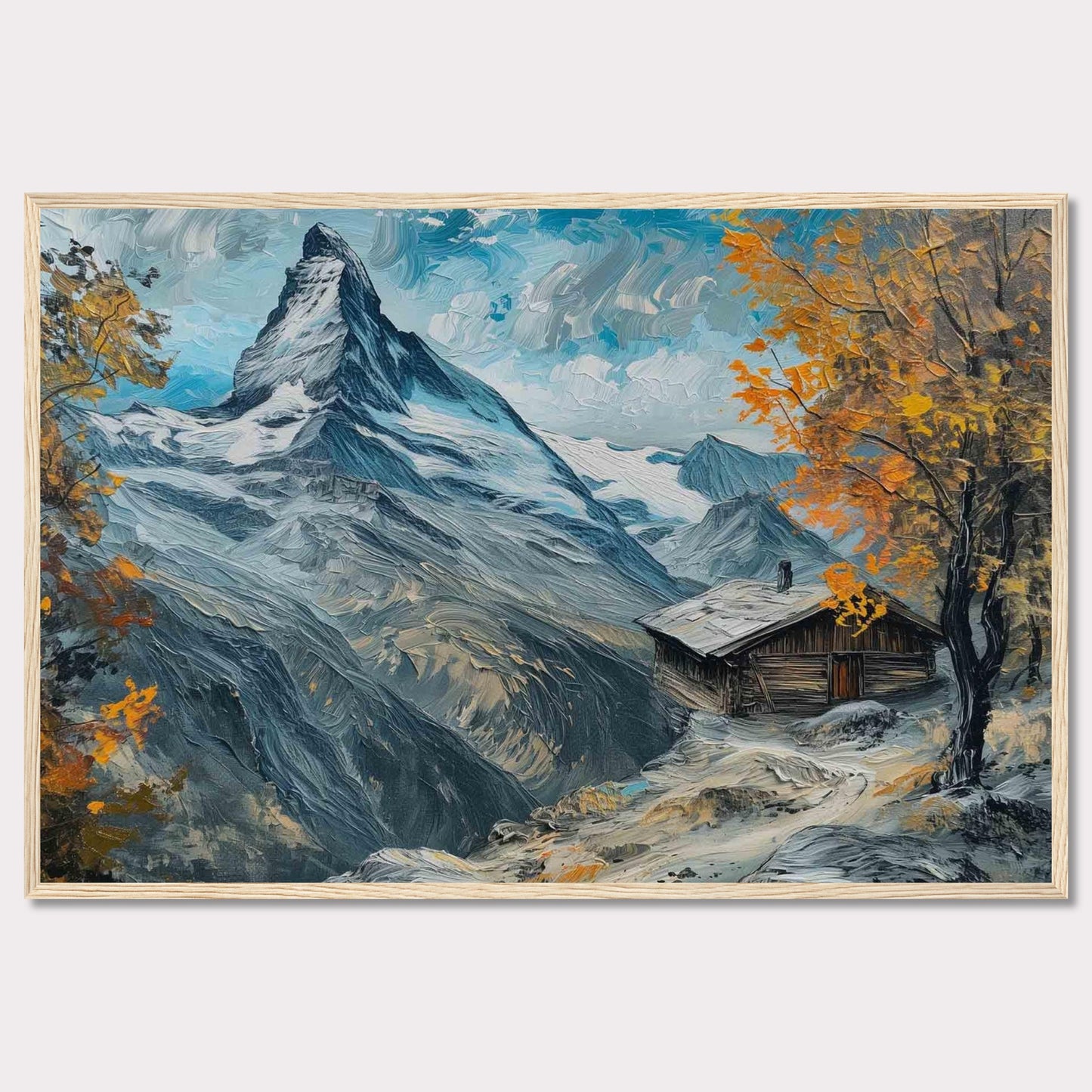 This stunning painting captures a serene mountain landscape with a quaint cabin nestled among the snow-covered peaks. The vibrant autumn foliage adds a splash of color against the majestic backdrop of towering mountains and a clear blue sky.