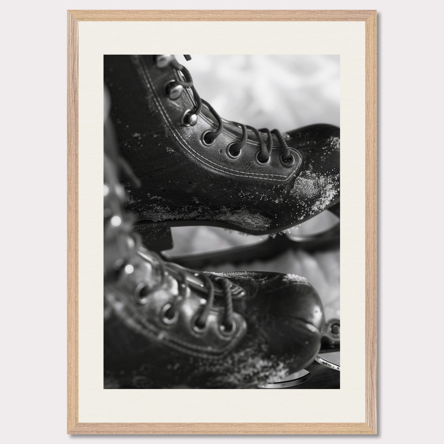 This illustration shows a close-up of a pair of ice skates with laces and blades, featuring a frosty texture. The black-and-white image captures the details of the skates, emphasizing their rugged and worn appearance. 