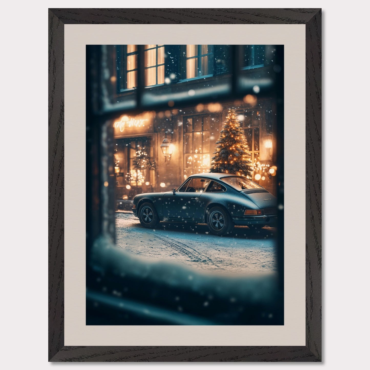 This cozy holiday poster captures a snowy Christmas evening, viewed through a frosty window. The glowing lights of a festive tree and a classic vintage car set the stage for a warm, nostalgic celebration. The snowflakes gently falling add magic to the enchanting alpine village atmosphere.