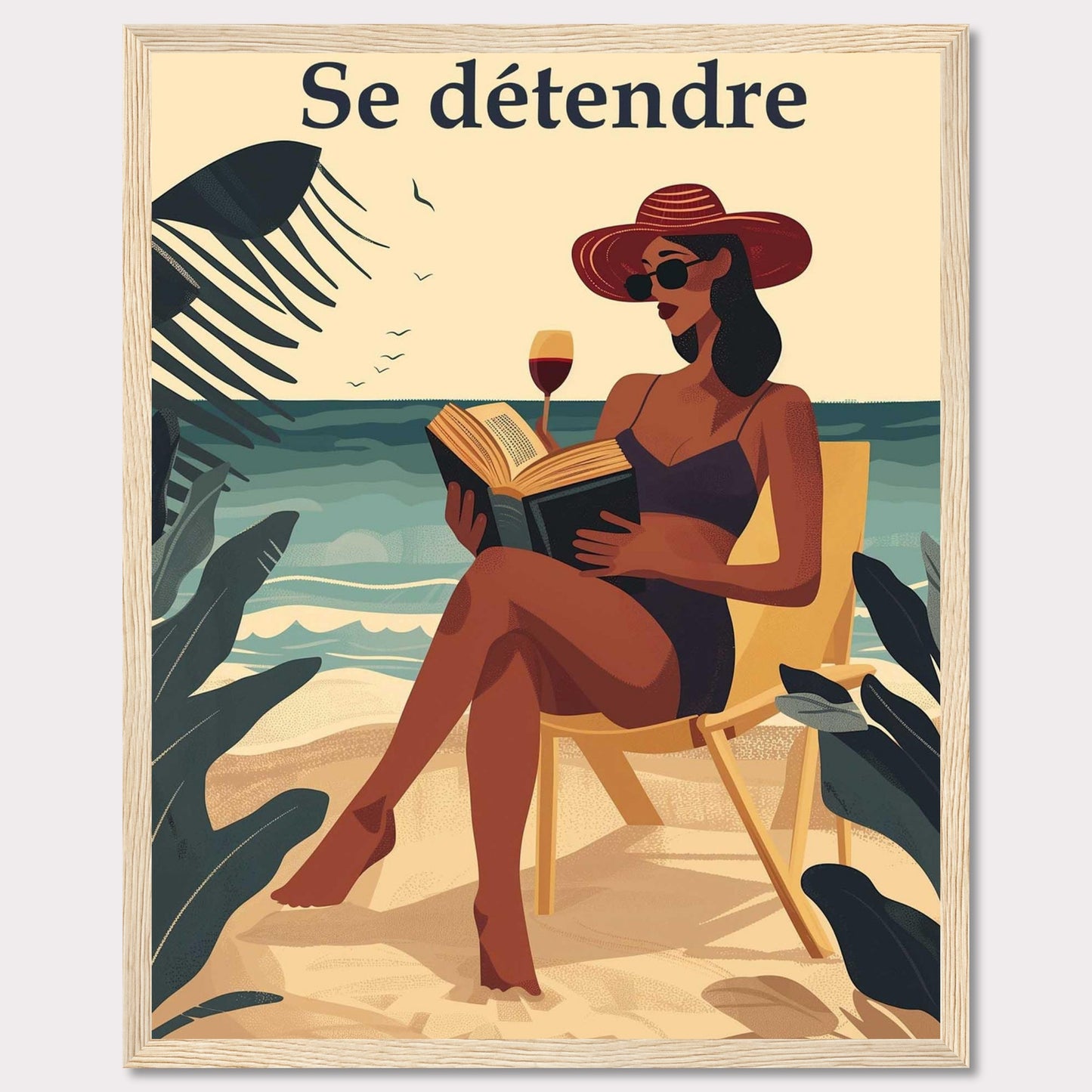 This illustration captures a serene beach scene with a woman relaxing on a chair, reading a book, and enjoying a glass of wine. The text "Se détendre" at the top translates to "Relax" in English.