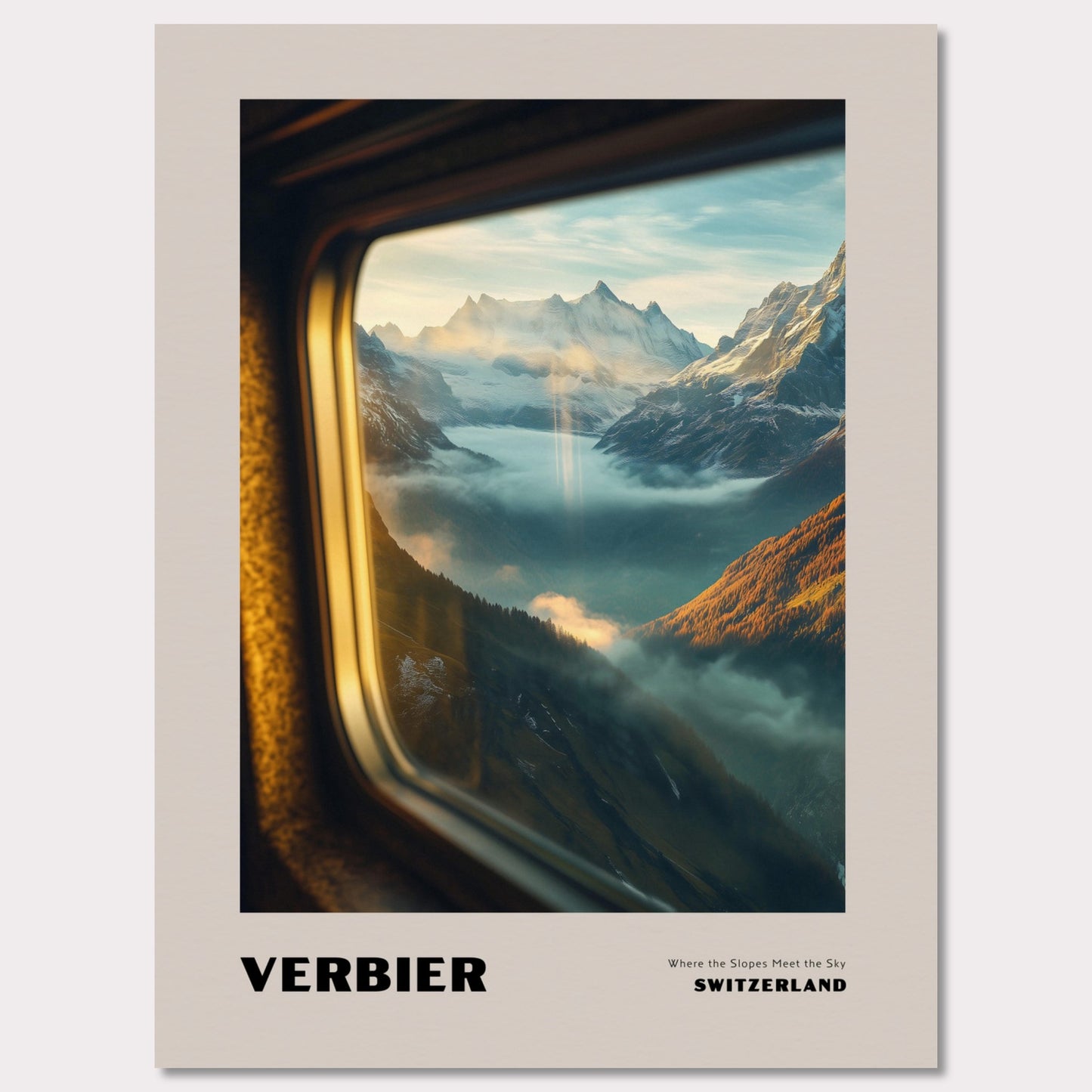 This poster showcases a mesmerizing view of the high-altitude slopes of Verbier, where mountain peaks seem to touch the sky. Thick mist covers the valleys below, creating a sense of mystery, while beams of sunlight break through the clouds, adding warmth and harmony to the scene.