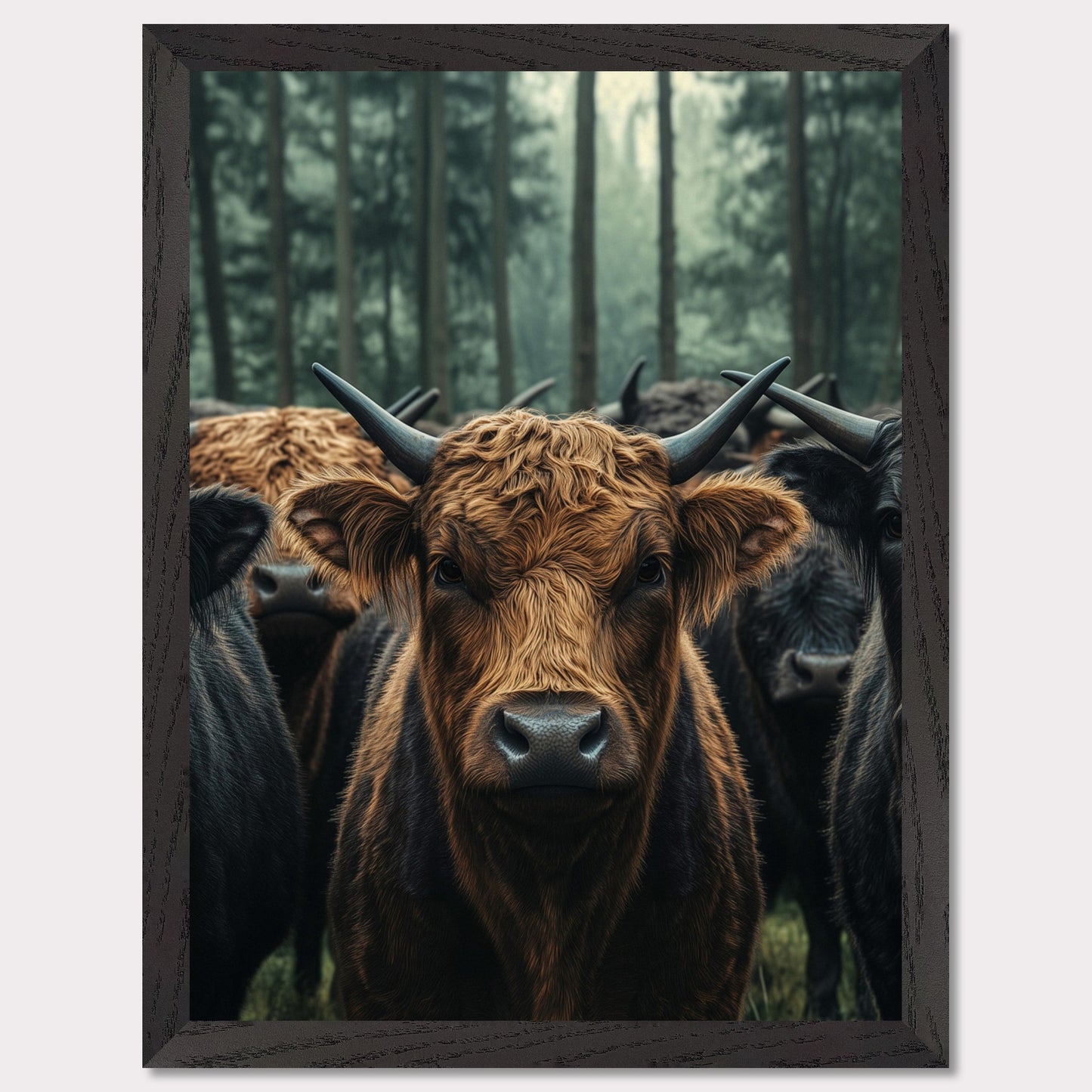 This captivating image features a herd of Highland cattle standing in a misty forest. The central focus is on a brown Highland cow, with its distinctive long horns and shaggy coat, staring directly at the viewer. The background showcases tall trees enveloped in fog, adding a mystical ambiance to the scene.