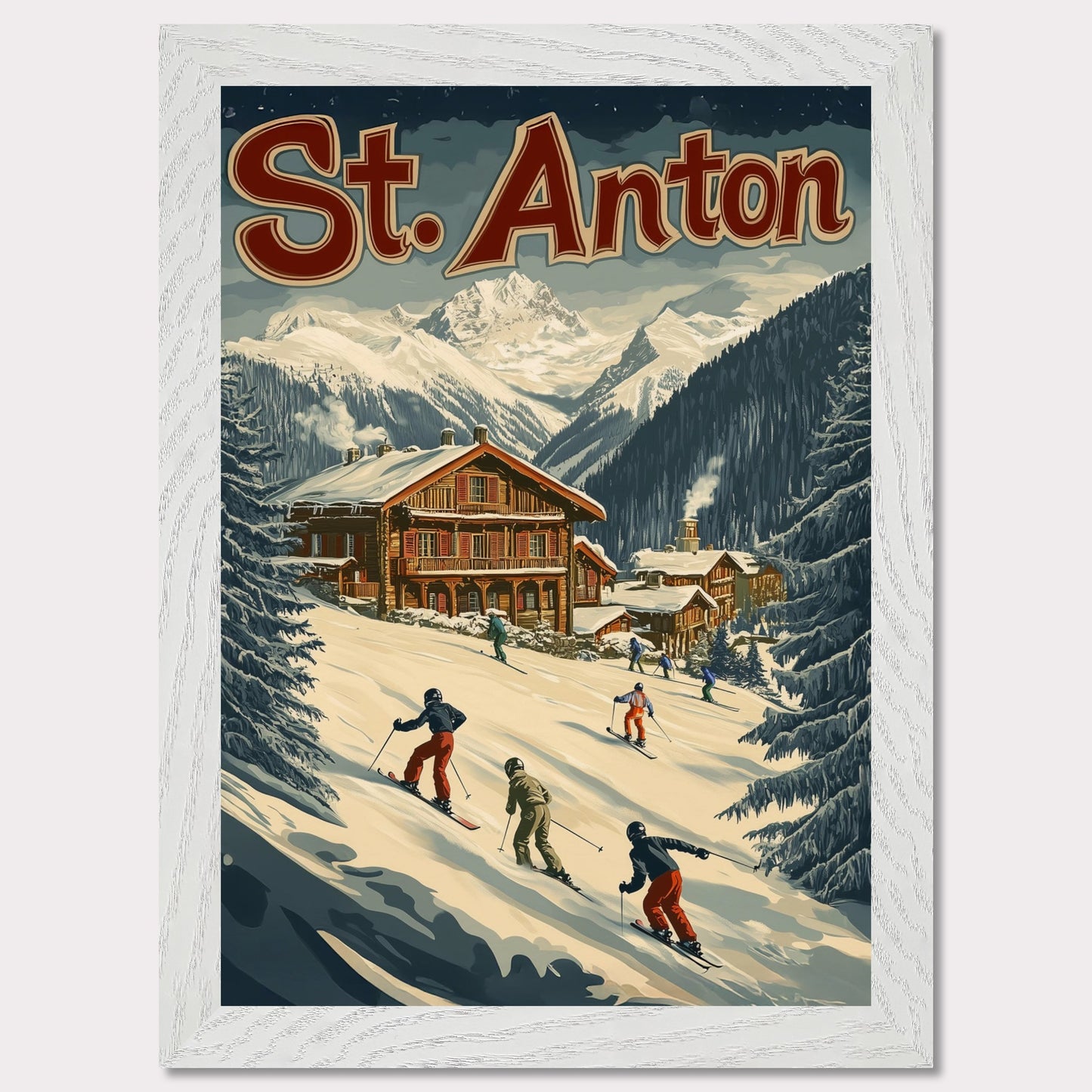 This minimalist yet striking poster captures the essence of St. Anton's alpine charm through its dynamic composition and vintage-inspired design. At the heart of the image is a group of skiers gracefully descending the snowy slopes, framed by towering evergreens and a cozy wooden chalet. The vibrant yet balanced color palette enhances the lively appeal, blending a sense of adventure and winter serenity.