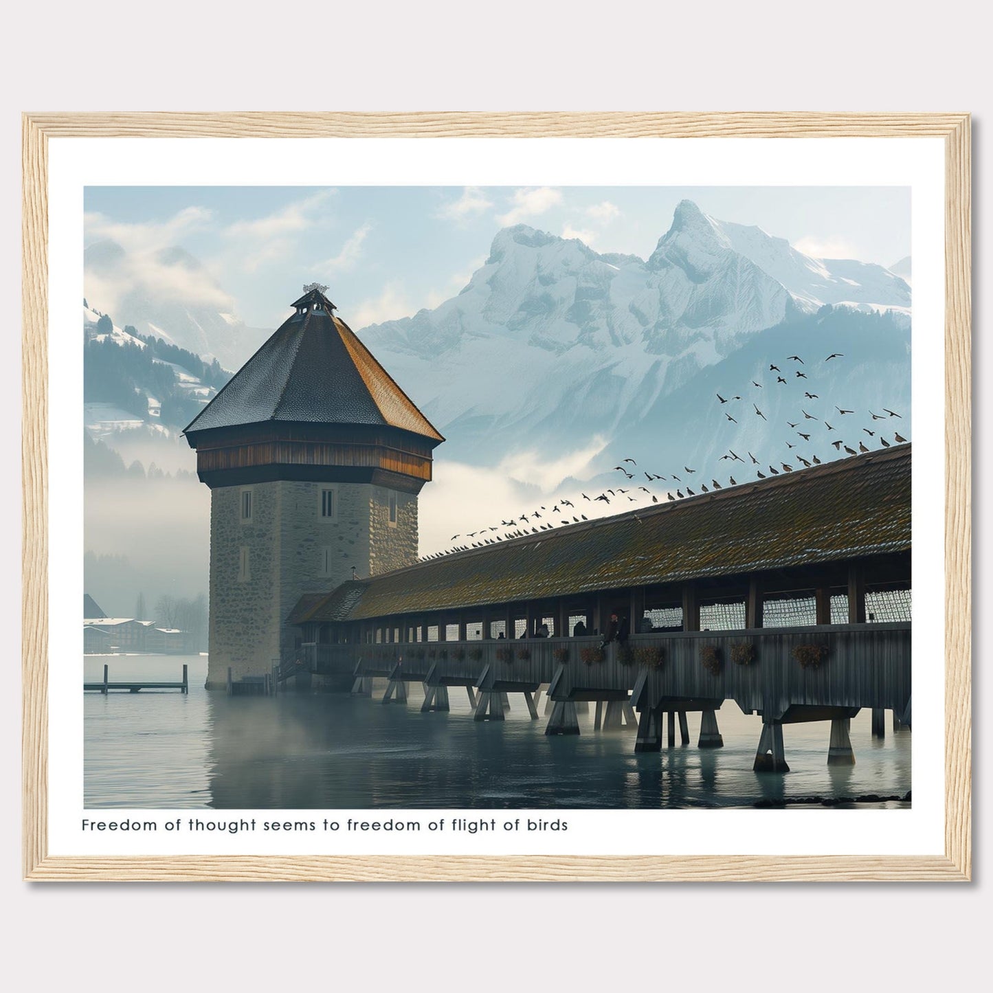 This captivating photo showcases a serene scene featuring a historic tower and a covered wooden bridge over calm waters, with majestic snow-capped mountains in the background. A flock of birds is seen soaring freely in the sky, adding a sense of movement and freedom to the tranquil setting.