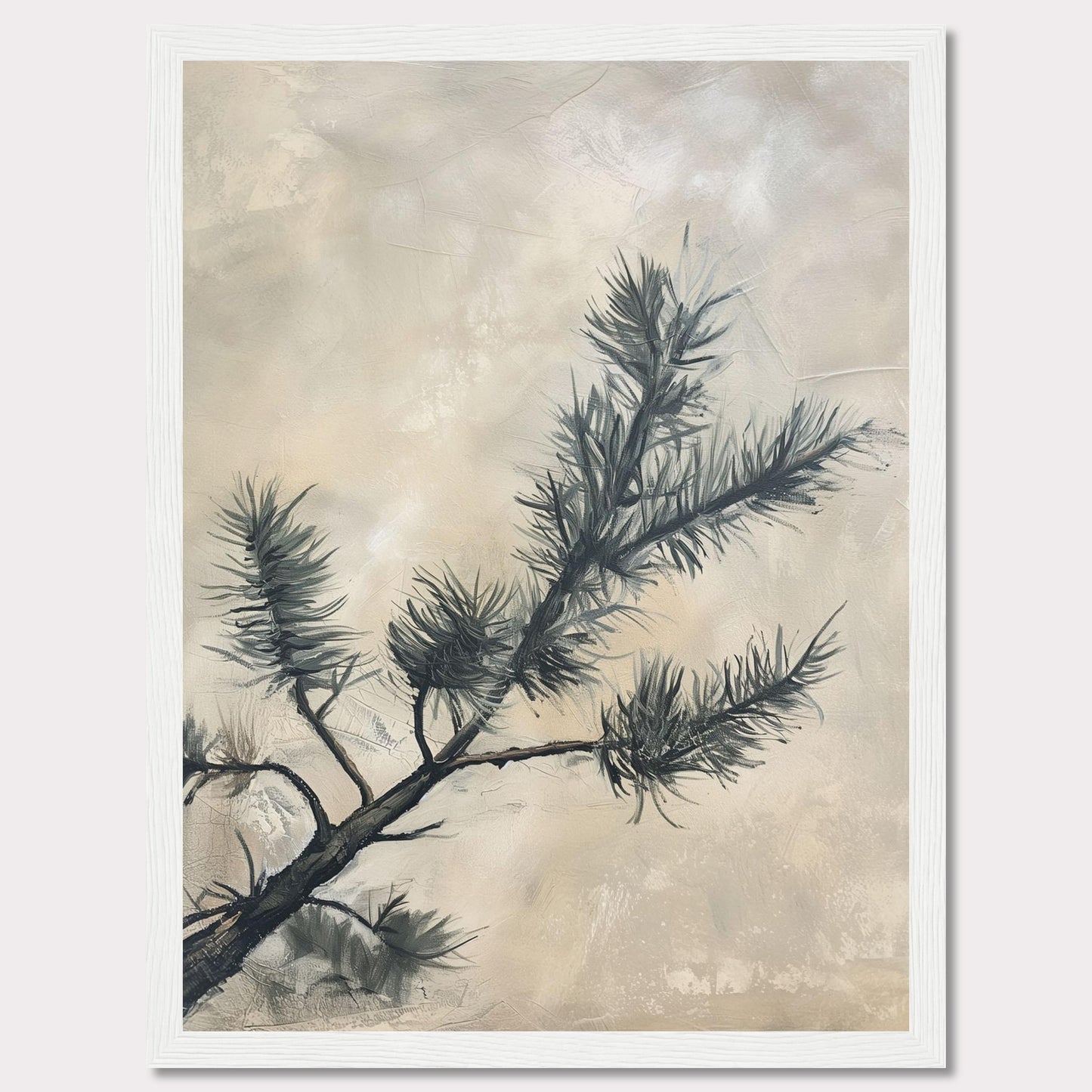 This elegant artwork features a delicate pine branch set against a soft, muted background. The painting captures the serene beauty of nature with its minimalist design and subtle color palette.