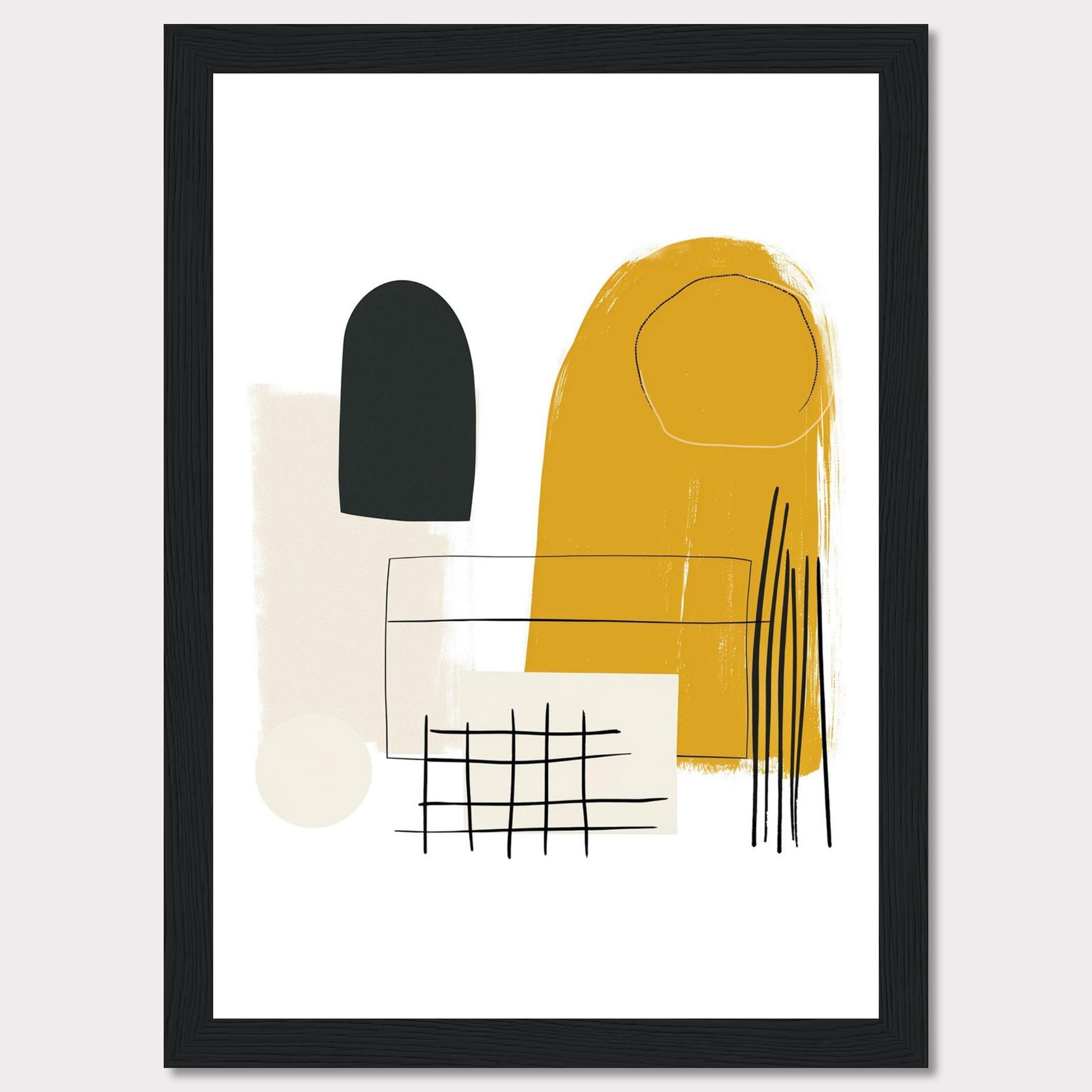 This image showcases a modern abstract art print featuring a combination of geometric shapes and lines in a minimalist style. The artwork includes a prominent mustard yellow shape, a black oval form, a beige rectangle, a grid pattern, and several vertical lines.