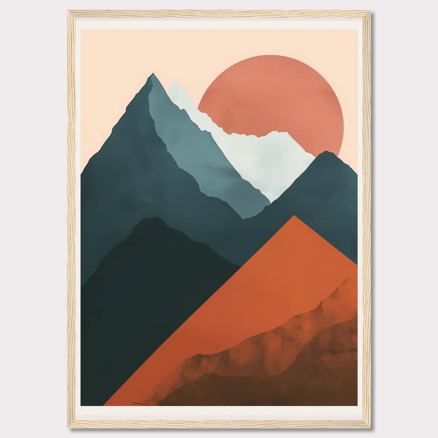 This is a modern, abstract art print featuring a mountain landscape with a large sun setting in the background. The artwork uses bold, contrasting colors to create a striking visual impact.