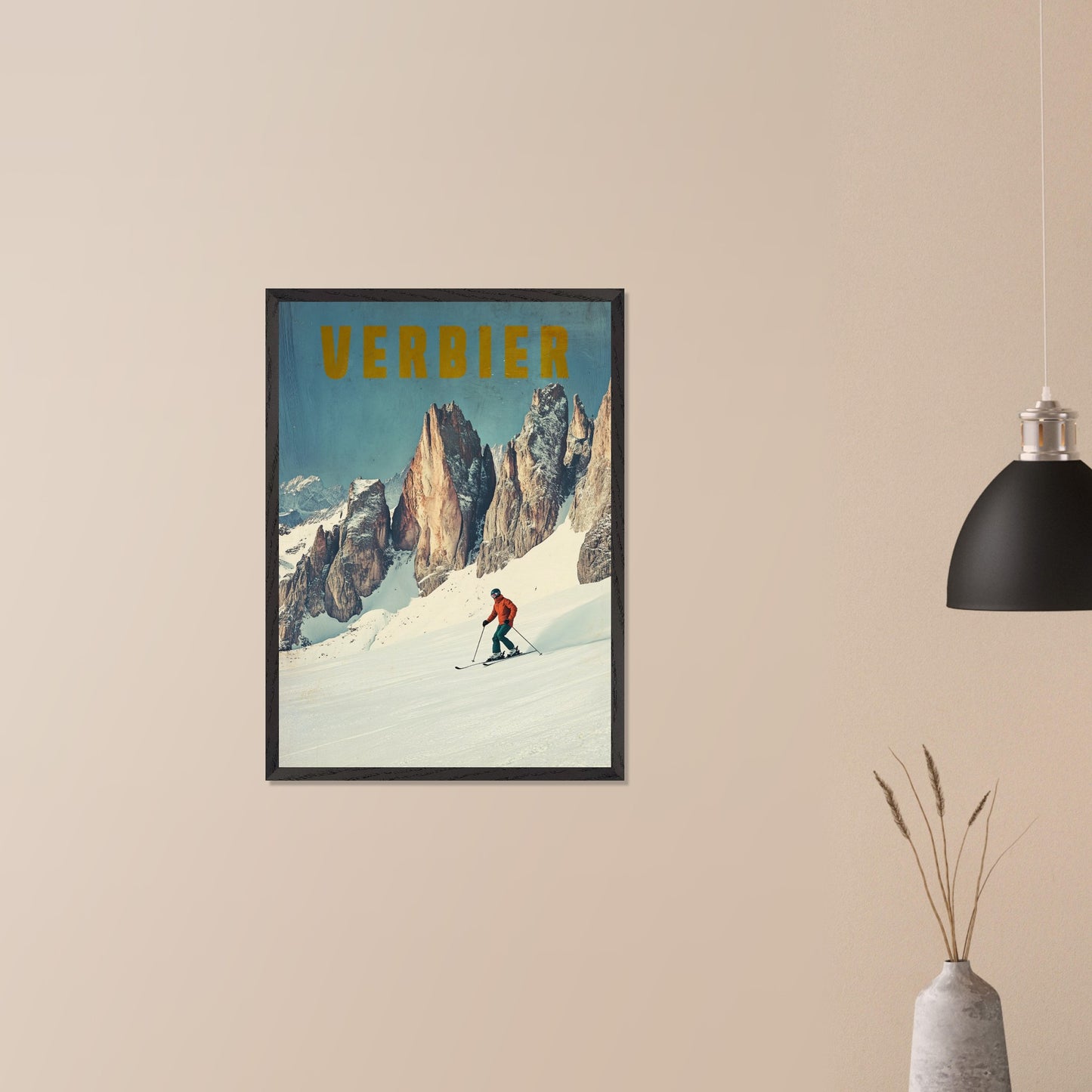 This stunning vintage poster showcases the essence of skiing in Verbier, with a lone skier carving through fresh powder beneath towering, jagged alpine peaks. The vibrant orange jacket of the skier contrasts beautifully with the crisp, snowy landscape and the rugged beauty of the mountains. The bold, retro typography reinforces the feeling of adventure and nostalgia, inviting viewers to experience the thrill of Verbier’s iconic slopes.