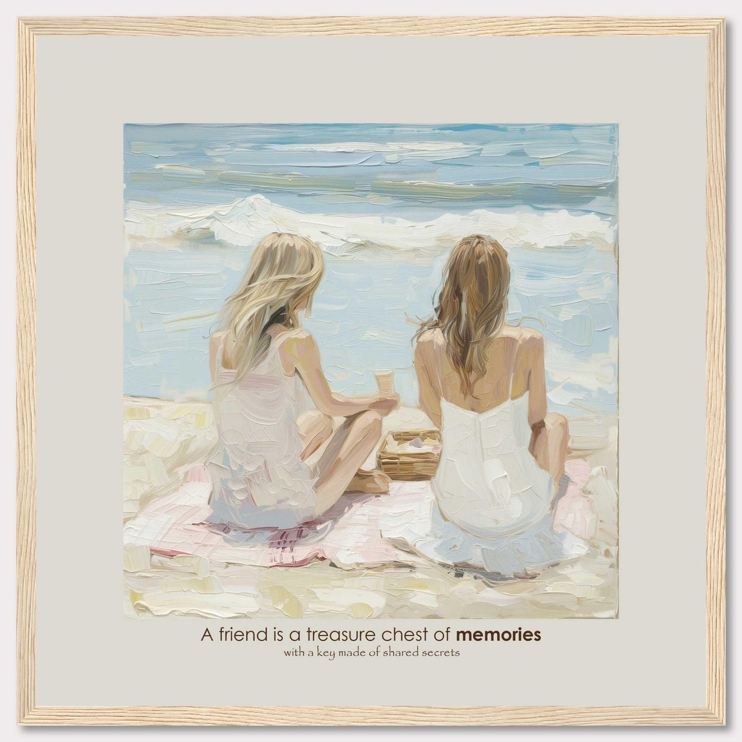 A beautiful painting depicts two women sitting on a beach, facing the ocean. They are engaged in a serene moment, perhaps sharing a conversation or simply enjoying the view. The scene evokes a sense of tranquility and deep friendship. The quote below the image reads, "A friend is a treasure chest of memories with a key made of shared secrets," highlighting the value of close companionship.