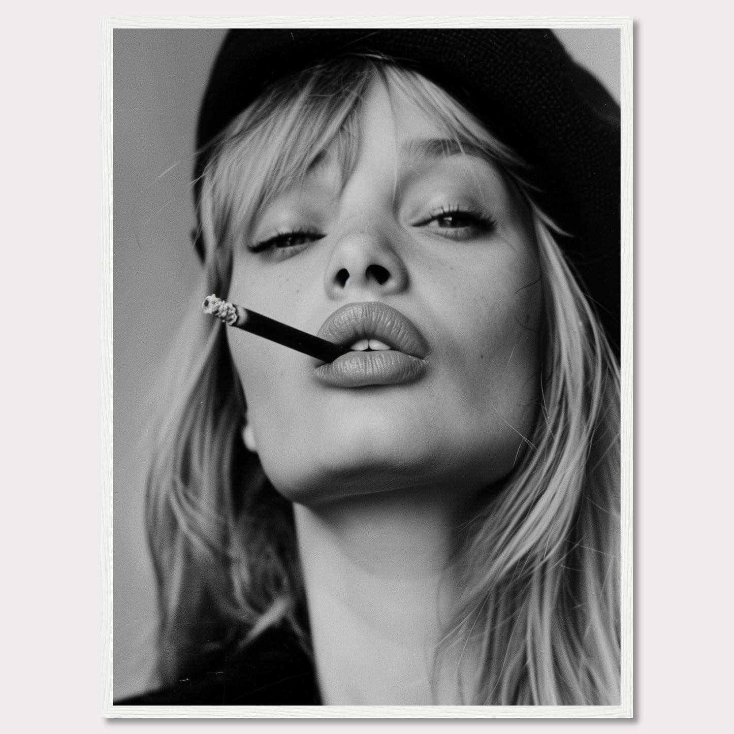 This striking black and white portrait captures a woman with a cigarette between her lips, exuding confidence and allure. Her intense gaze, slightly parted lips, and the casual placement of the cigarette create a bold and edgy aesthetic. The image is framed in a sleek black border, adding to its sophisticated appeal.