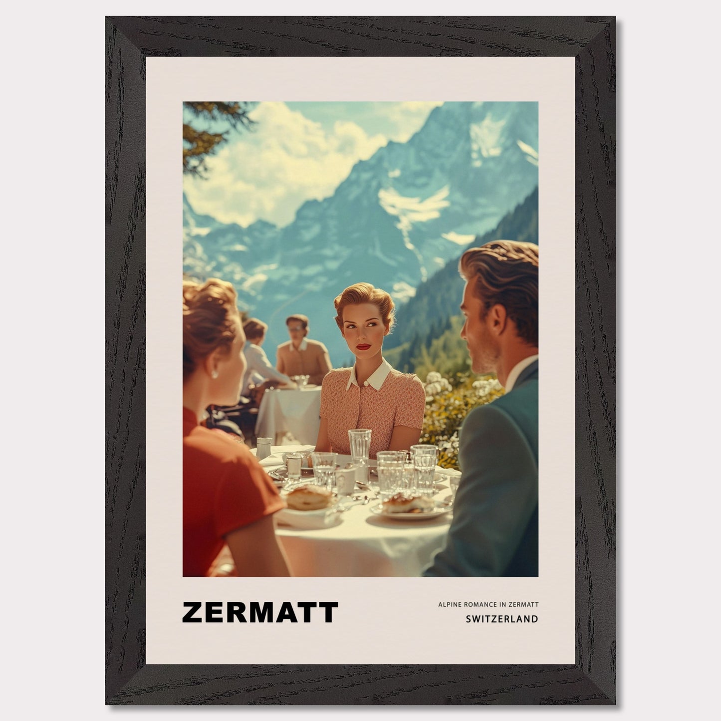 This poster transports us to a world of elegant romance amidst the mountainous landscapes of Zermatt, Switzerland. At the center of the scene is a refined woman with a romantic, enigmatic gaze directed at the man across the table on a café terrace, set against the majestic backdrop of the Alps. 