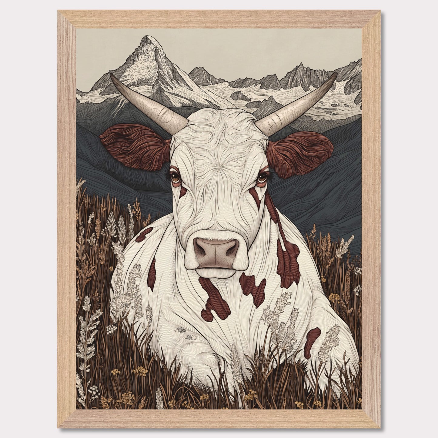 This beautifully detailed poster portrays a tranquil scene of alpine life with a focus on the harmonious connection between nature and animals. A striking cow with intricate features gazes directly at the viewer, creating a sense of intimacy, while the majestic Matterhorn looms in the background. The combination of soft earth tones and delicate linework evokes a rustic yet modern aesthetic.