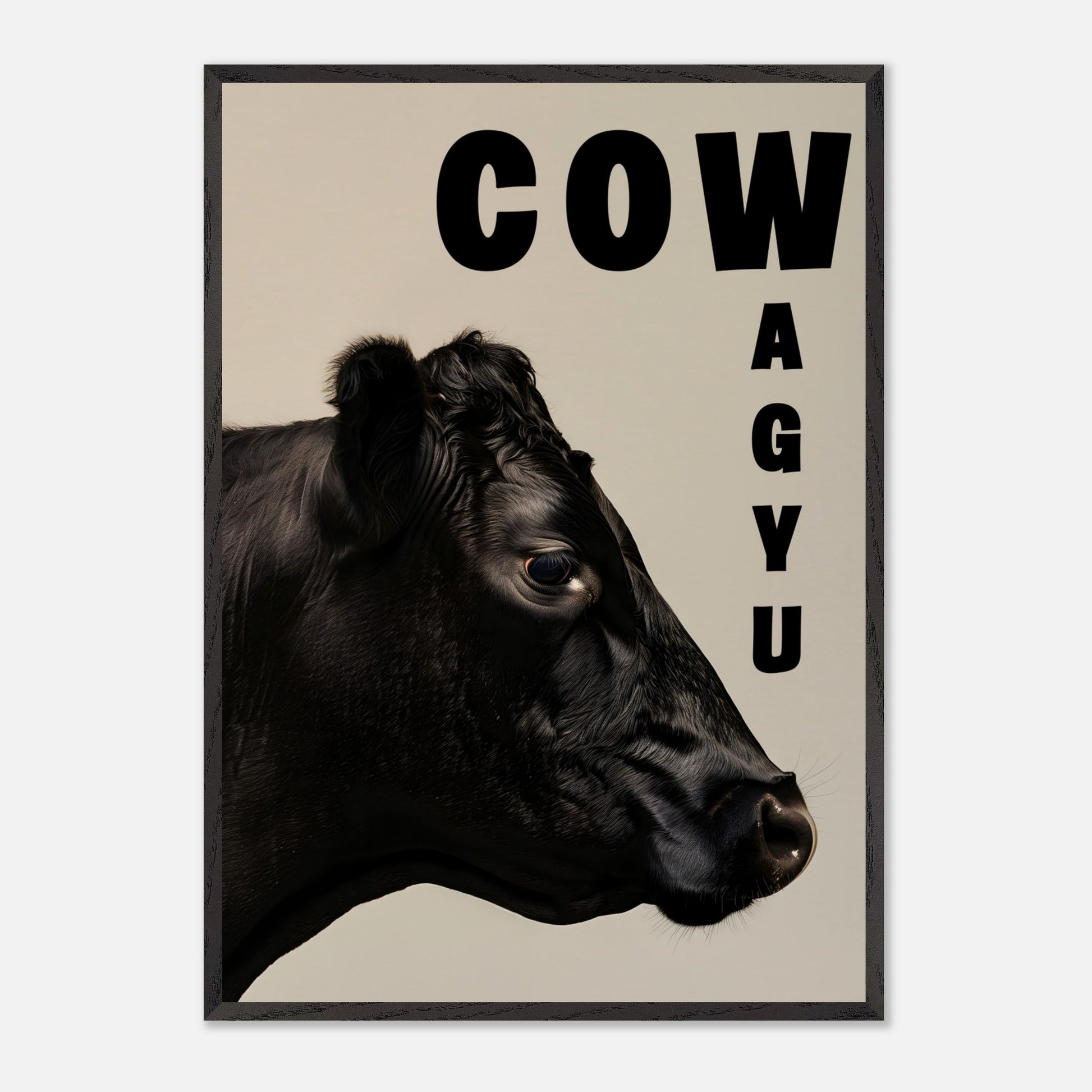 This image features a close-up profile of a black cow against a neutral background. The word "COW" is prominently displayed in bold black letters at the top, while the word "WAGYU" is arranged vertically on the right side.