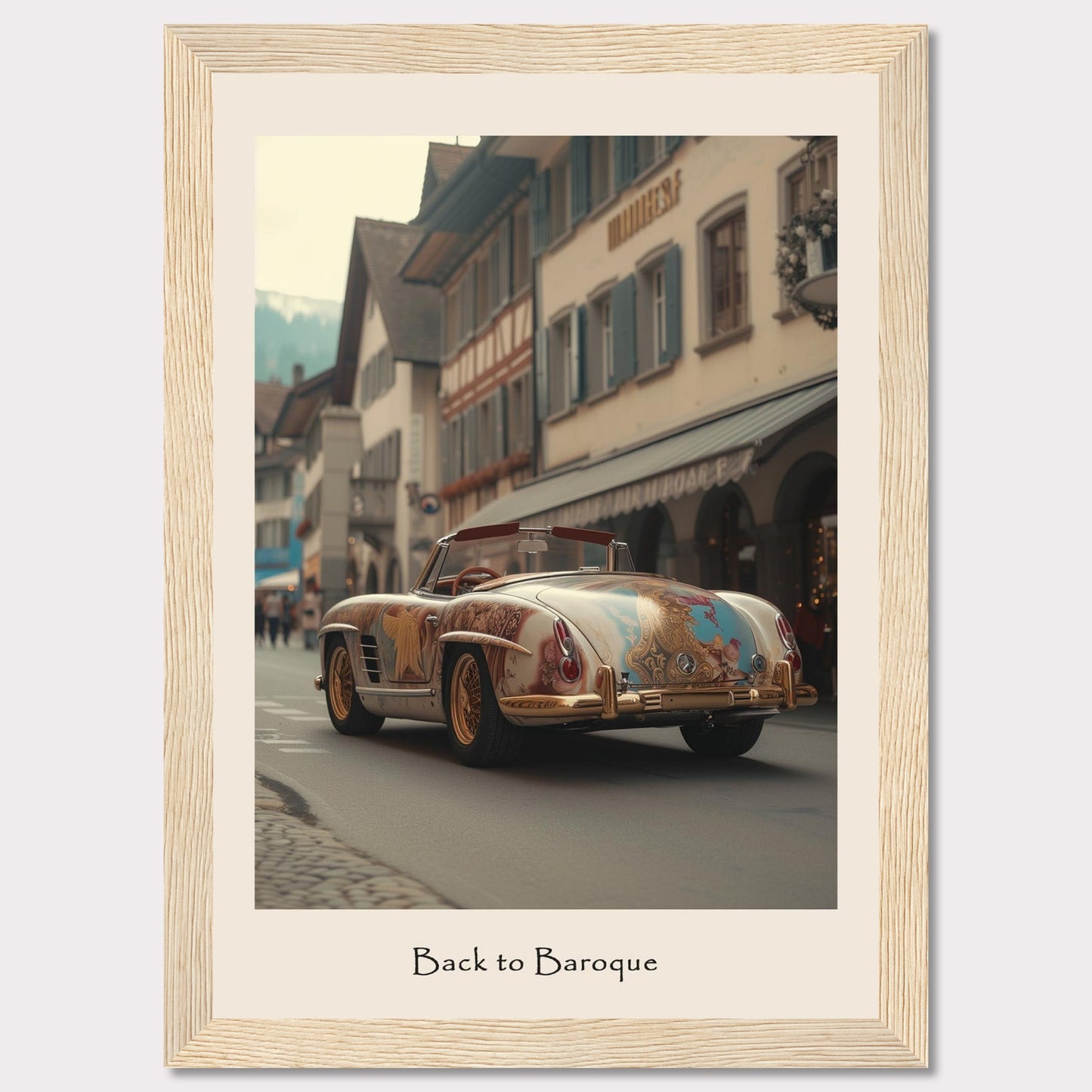 This captivating image showcases a vintage car adorned with intricate Baroque-style artwork, driving through a quaint European street lined with charming buildings. The scene is set against a backdrop of mountains, adding to the picturesque atmosphere.