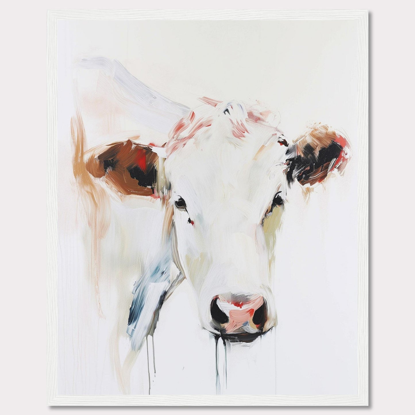 This captivating painting features a close-up of a cow's face, rendered in a modern abstract style. The artwork uses bold brush strokes and a blend of soft and vibrant colors to create a striking visual impact.