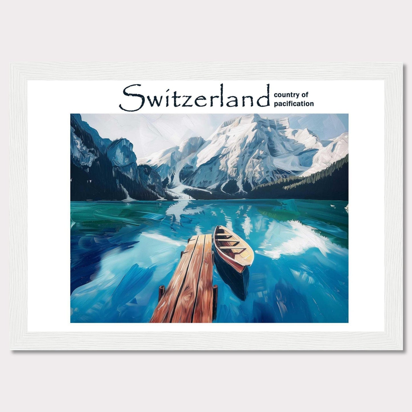 This image showcases a serene lake in Switzerland, surrounded by majestic snow-capped mountains. A wooden dock extends into the calm, reflective waters, where a lone boat is moored. The scene is tranquil and inviting, epitomizing the peacefulness of the Swiss landscape.