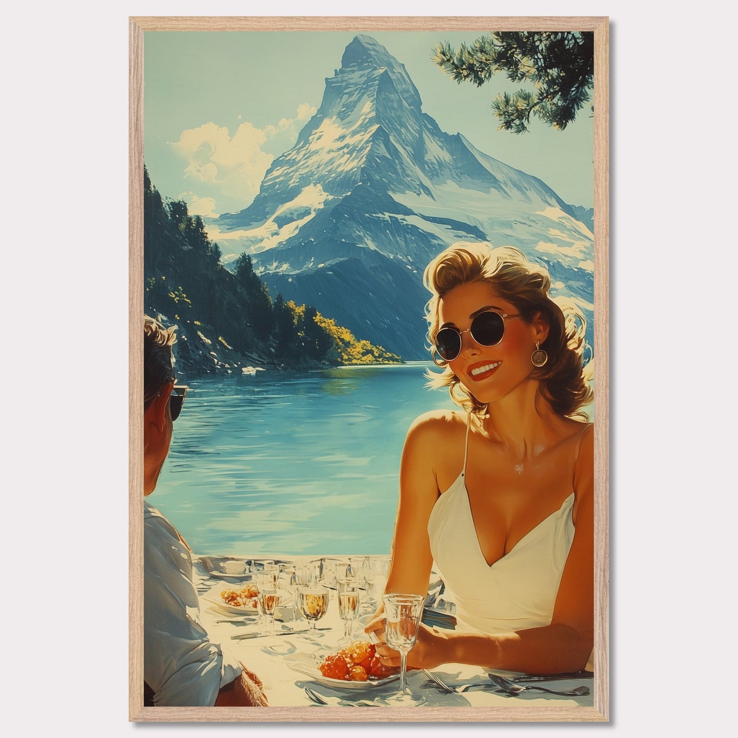 This illustration depicts a scenic outdoor dining setting by a lake with snowy mountains in the background. A woman in sunglasses and a white dress is smiling while holding a glass, and a man is sitting across from her.