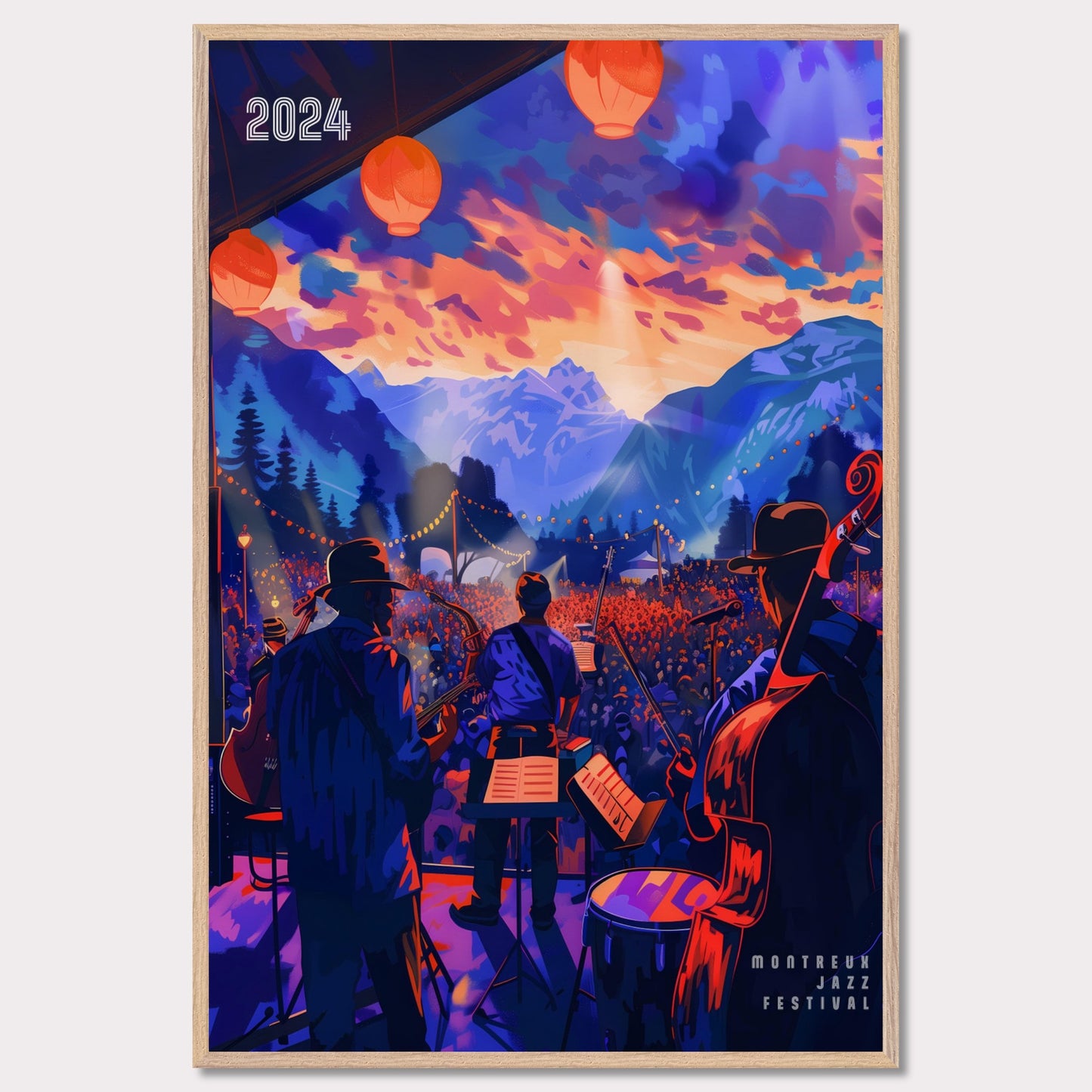 This vibrant poster depicts a lively jazz festival set against a stunning mountain backdrop. The scene is illuminated by colorful lanterns and features a band performing to a large, enthusiastic crowd. The sky is painted with dramatic hues of orange and purple, enhancing the festive atmosphere.