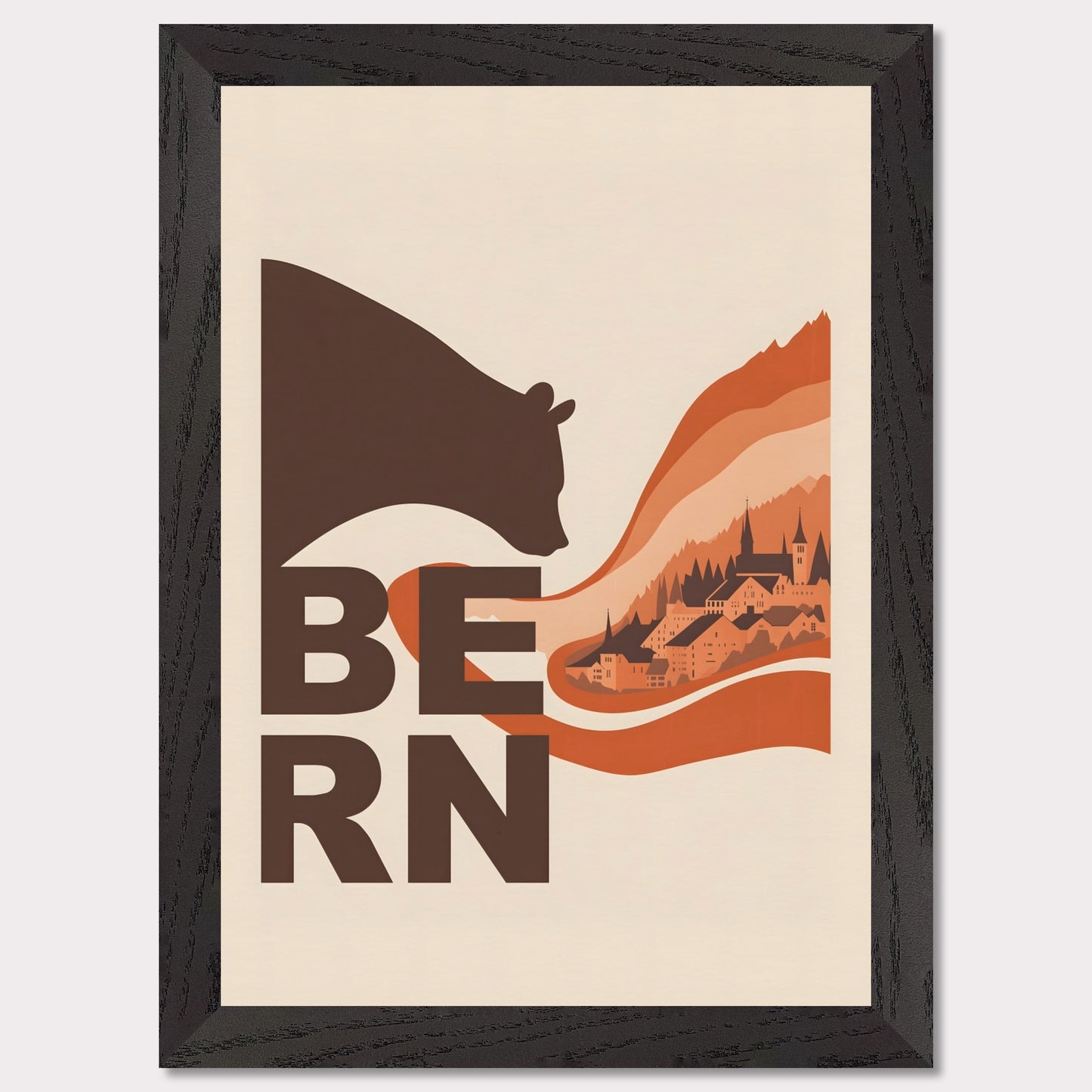 This elegant poster portrays a bear embracing the architectural landscapes of Bern. With flowing lines connecting nature and culture, it conveys the charm of this Swiss city.