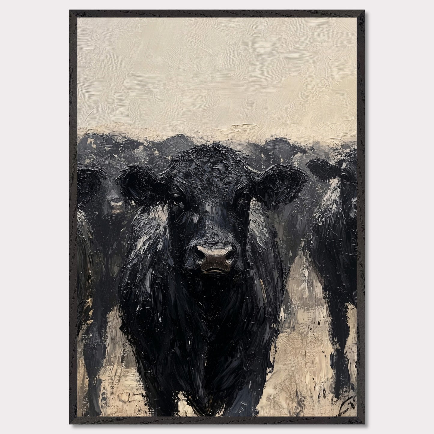 This striking painting captures the intense gaze of a black cow, surrounded by its herd. The textured brushstrokes and muted color palette create a powerful and captivating image.