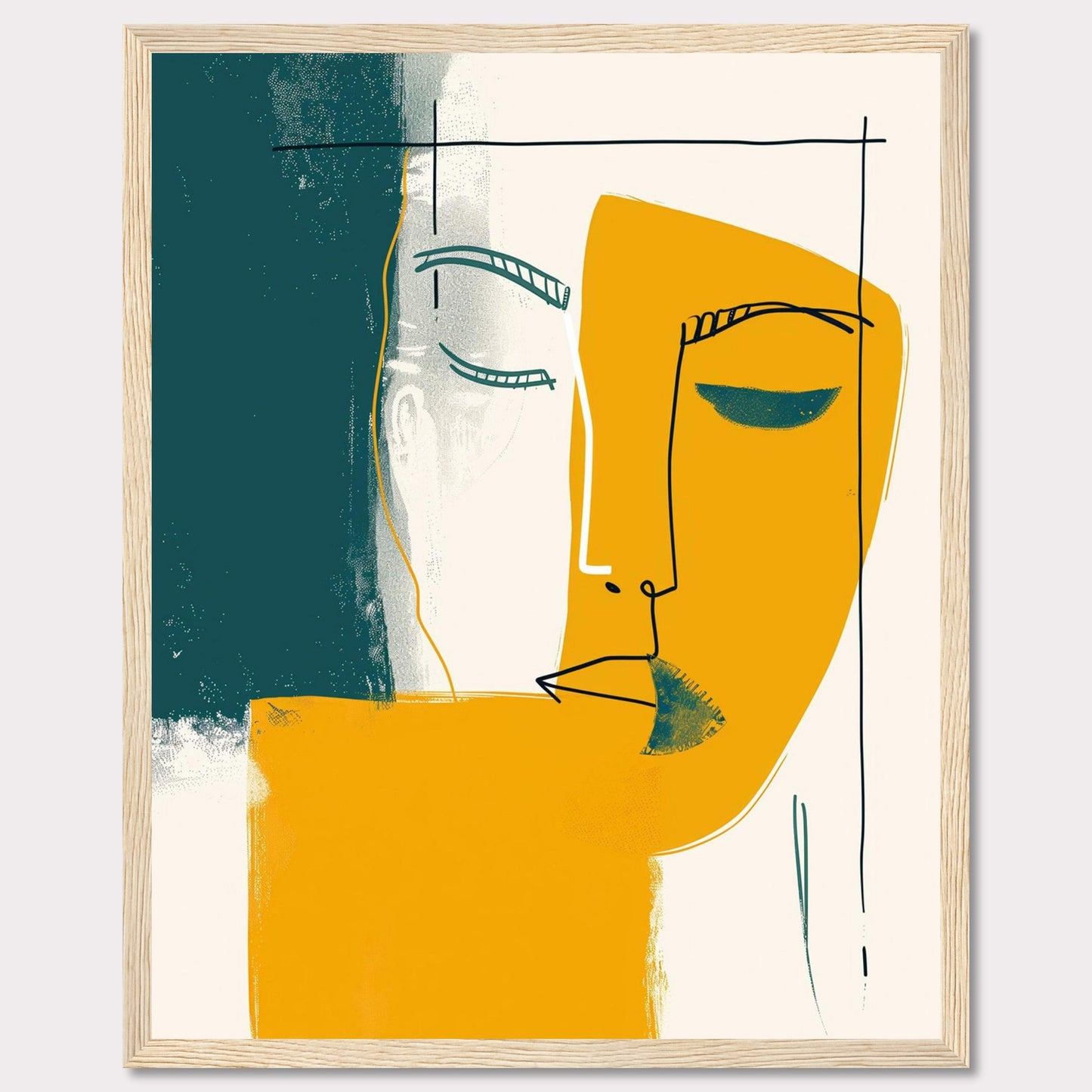 This captivating abstract art piece features a minimalist line drawing of a face, blending bold colors and simple shapes to create a striking visual impact. The artwork combines teal, mustard yellow, and white, with a black frame adding a touch of sophistication.