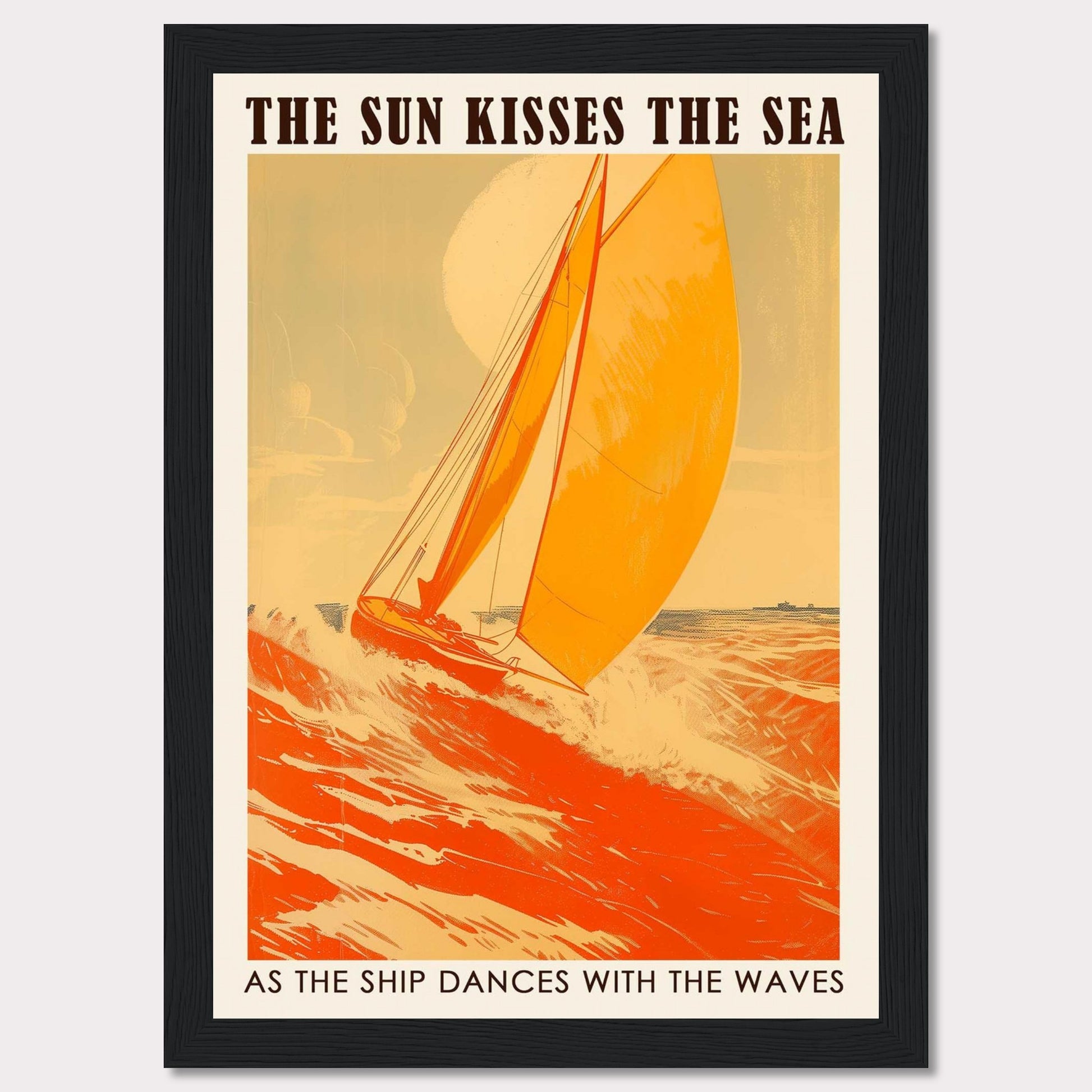 This vibrant poster captures the essence of sailing with a bright orange sailboat cutting through the waves under a warm sun. The bold text reads, "THE SUN KISSES THE SEA" and "AS THE SHIP DANCES WITH THE WAVES," evoking a sense of adventure and freedom.