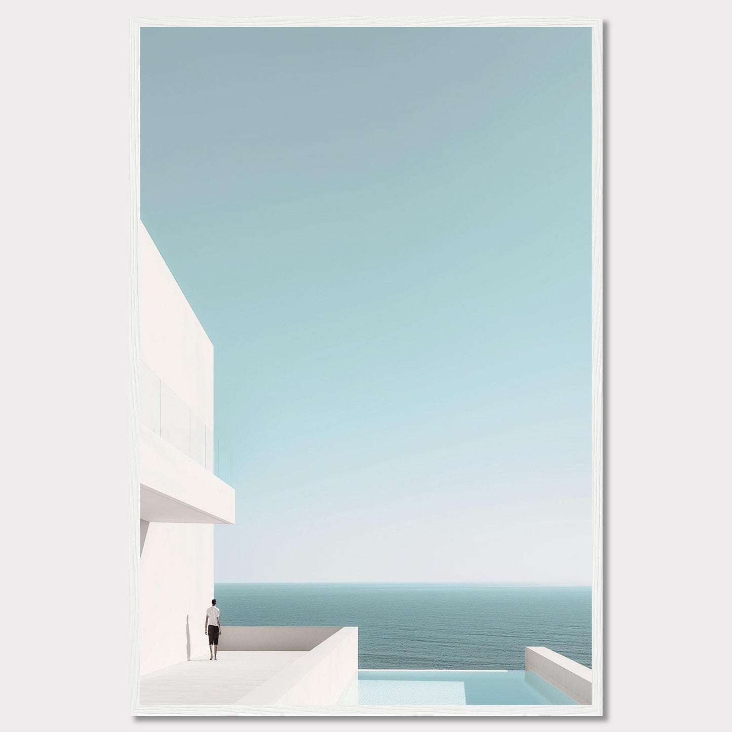 This serene image captures a minimalist coastal scene featuring a modern white building overlooking the tranquil ocean. A solitary figure stands on a balcony, gazing out at the expansive sea and clear sky. The composition exudes calmness and simplicity, inviting viewers to embrace a moment of peaceful reflection.